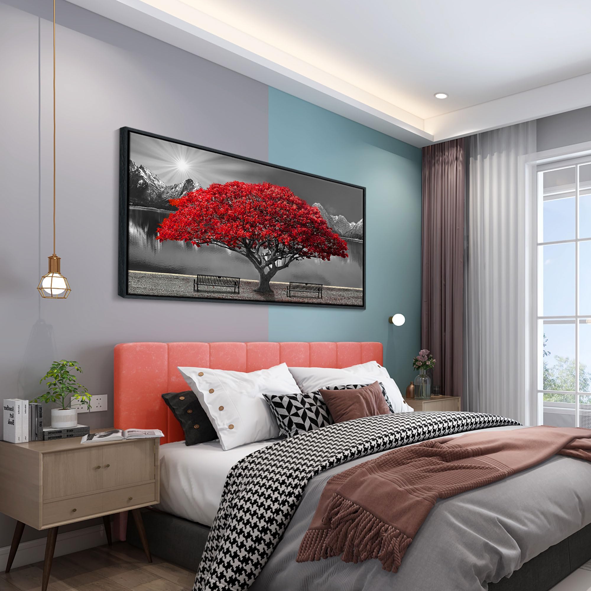 Framed Black And White Red Tree Wall Art Canvas Print Picture Large Red Tree Landscape Modern Artwork For Living Room Bedroom Of