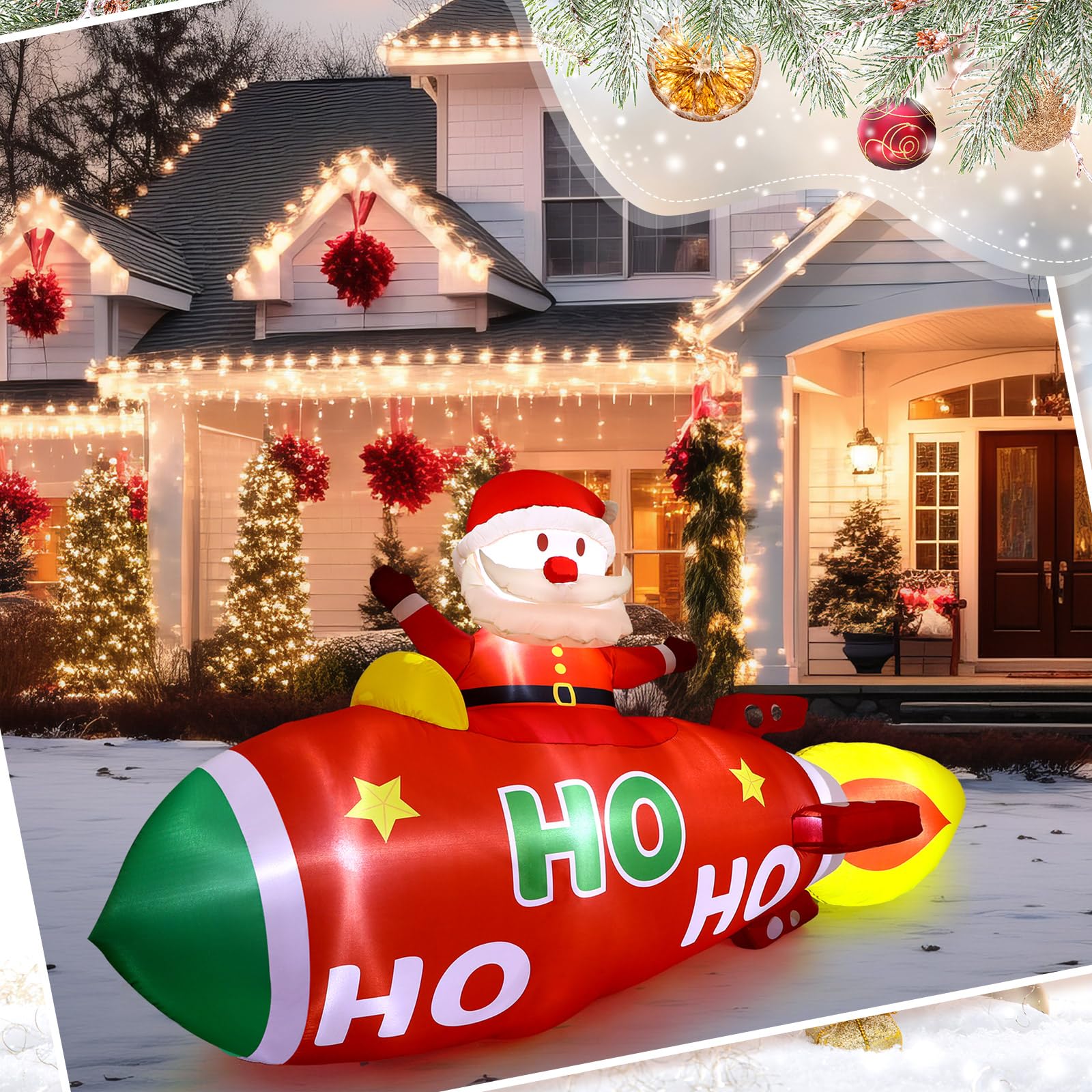 Leyndo 10 FT Christmas Inflatable Santa Claus on Rocket Outdoor Blow Up Decoration with LED Lights Animated Christmas Decoration