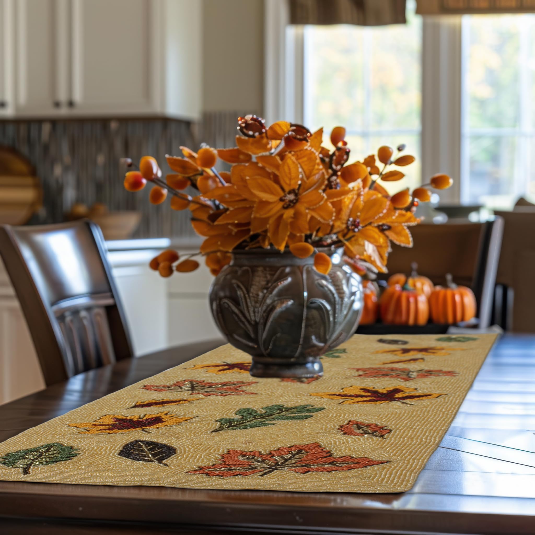 COTTON CRAFT Harvest Beaded Table Runner - Scattered Leaves Handmade Fall Tablerunner - Thanksgiving Autumn Foliage Christmas Ce