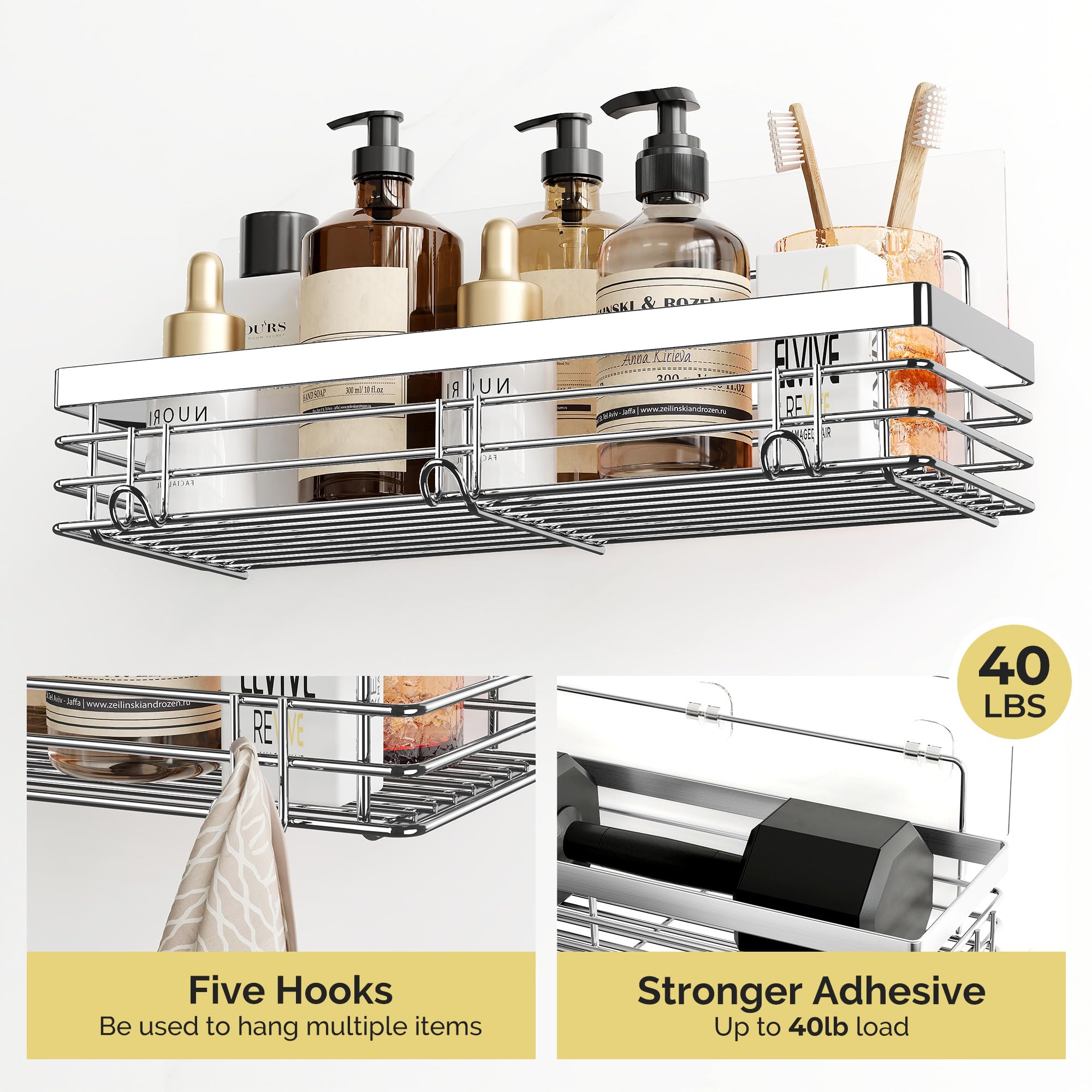 Orimade Adhesive Shower Caddy Soap Dish Holder Shelf with 5 Hooks Bathroom Organizer Basket Kitchen Storage Rack Wall Mounted No Drilling Stainless Steel - 3 Pack Silver