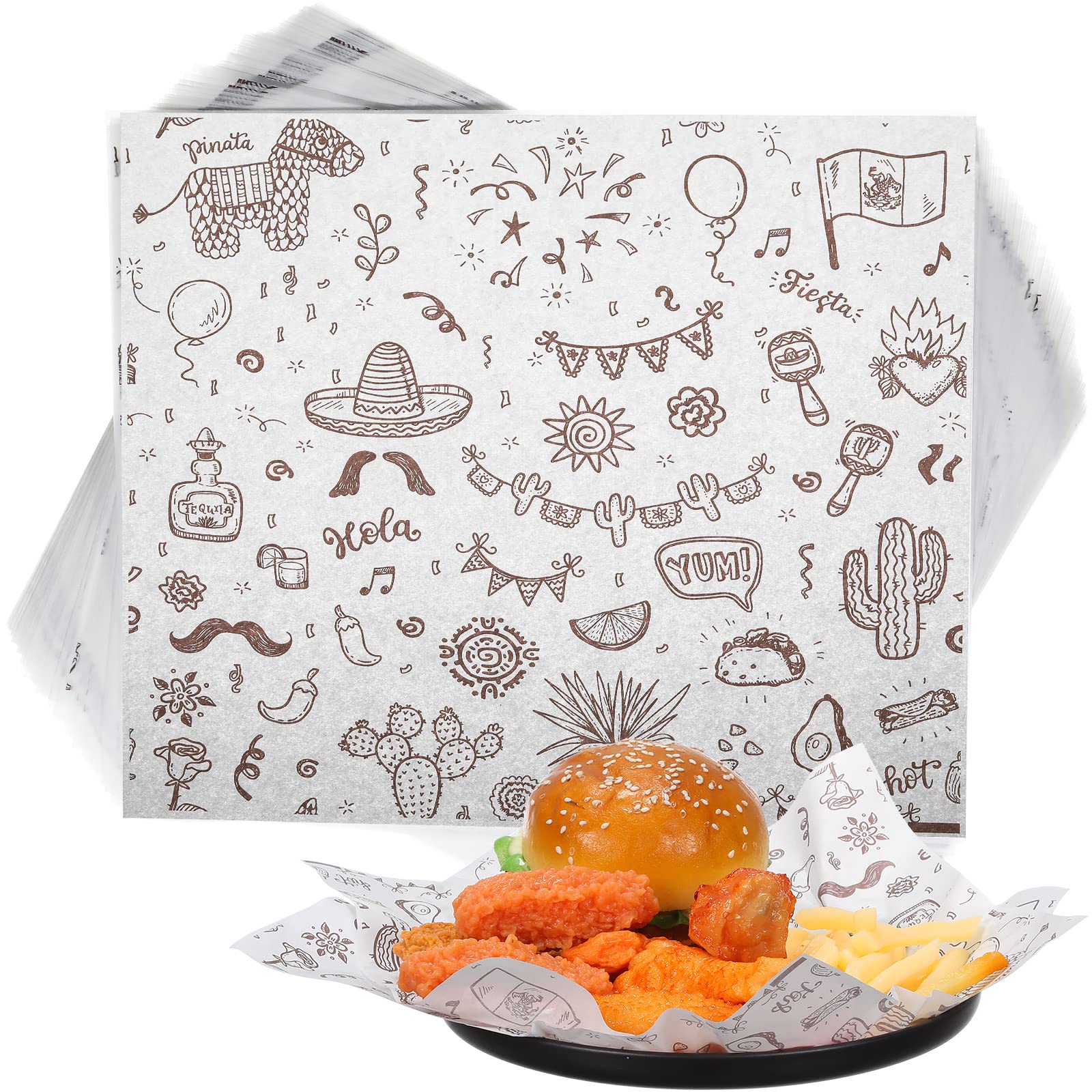 PerKoop 300 Pcs Deli Wax Paper Taco Wrapping Paper Mexican Festival Wax Sheets for Food Greaseproof Sandwich Picnic Basket Liner