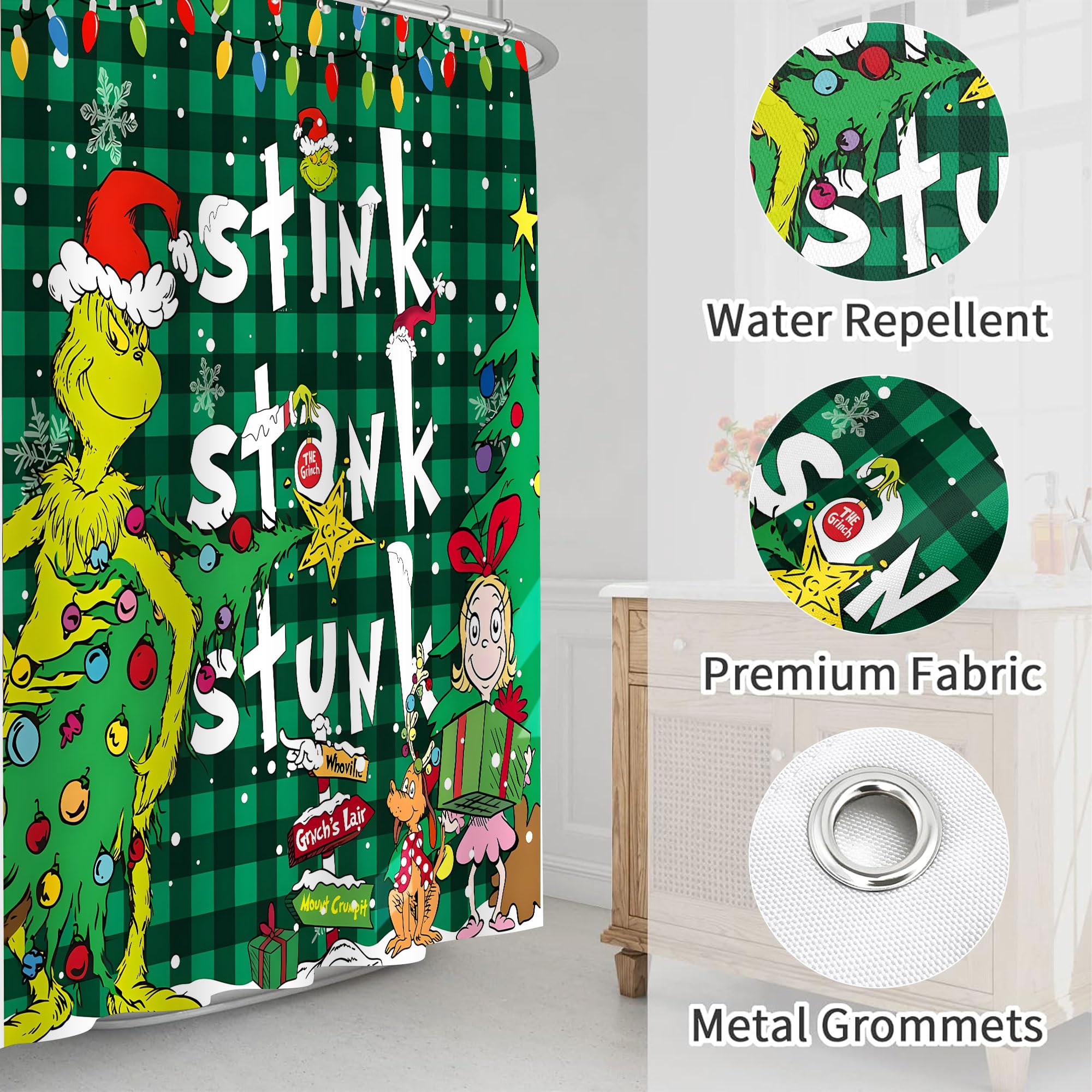 4 Pcs Christmas Bathroom Set, Shower Curtain, Non-Slip Rugs, Toilet Lid Cover and Bath Mat - 72 X 72 Inches with Hooks - Holiday