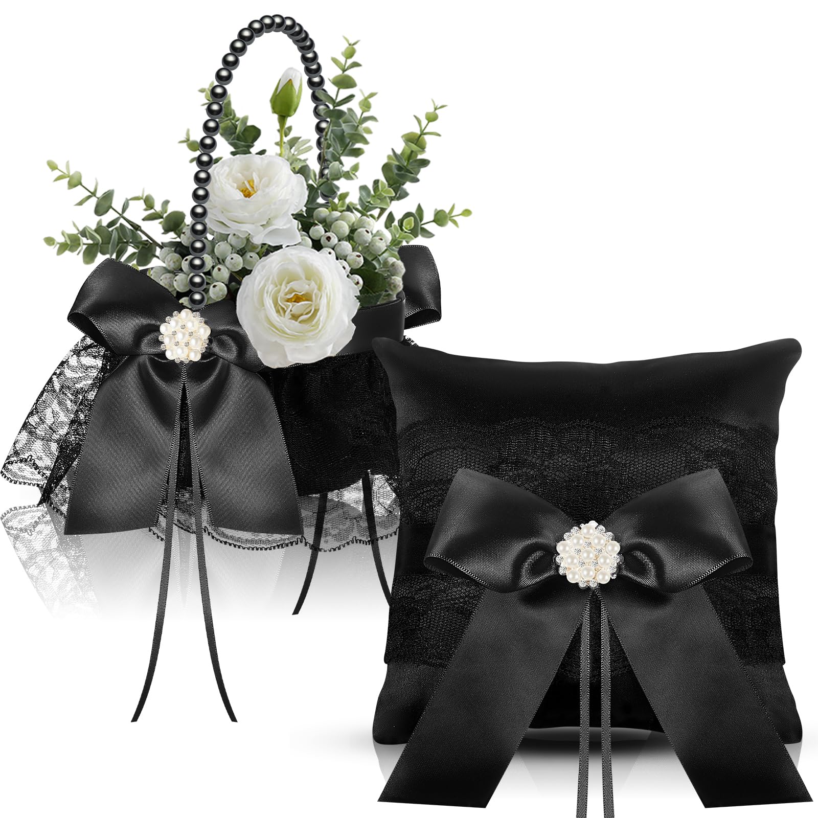 Suttmin 2 Pcs Wedding Black Flower Girl Baskets and Ring Bearer Pillow Set