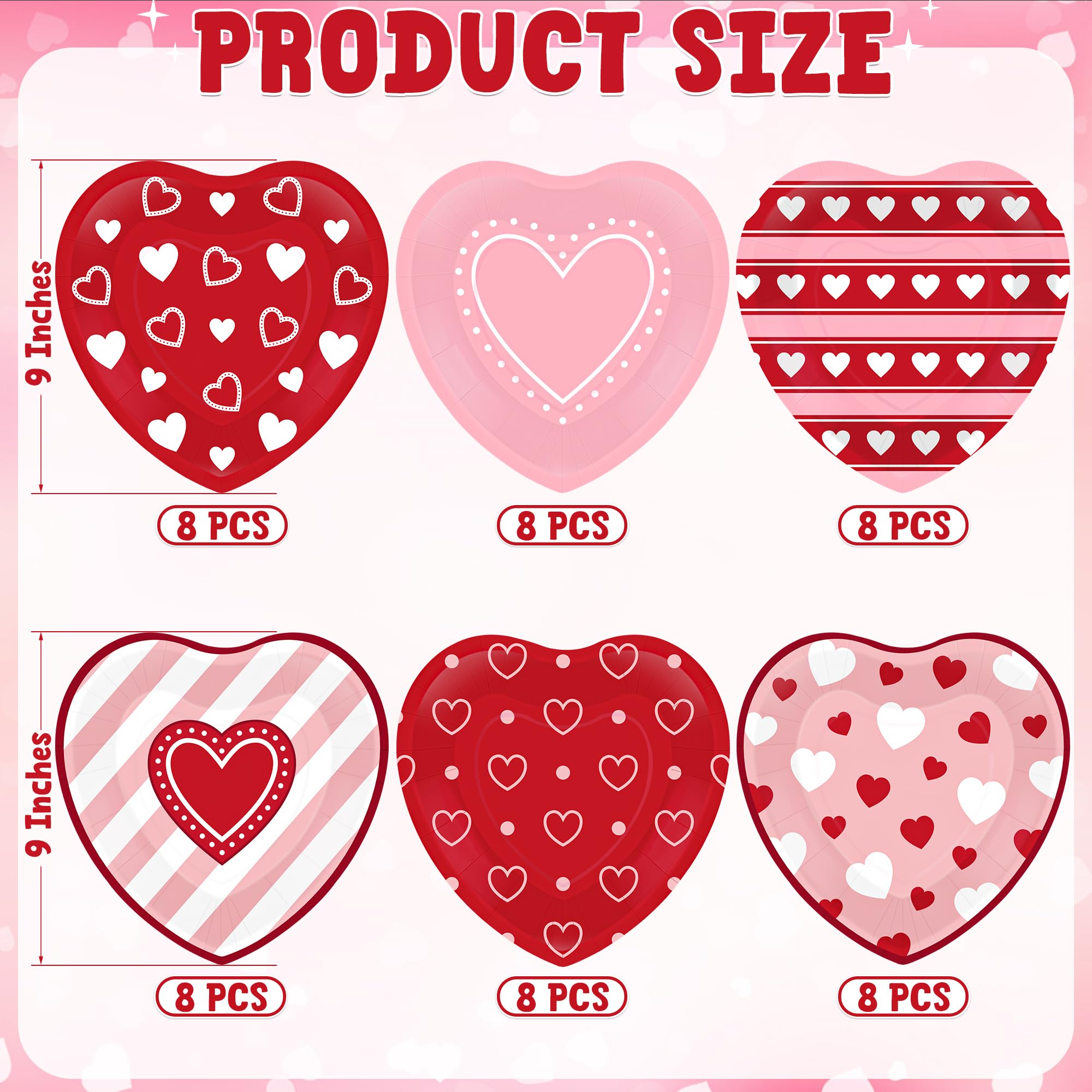Qzyl 48 Pcs Valentines Plates, 9 In Disposable Heart Shaped Plates, Red Pink Heart Design Heart Plates Valentines Paper Plates,