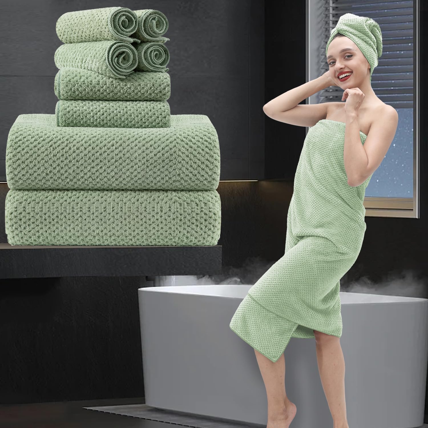 8 Piece Bathroom Towel Set Green 2 Oversized Large Bath Towels Sheet,2 Hand Towels And 4 Washcloths 600Gsm Ultra Soft Luxury Pre