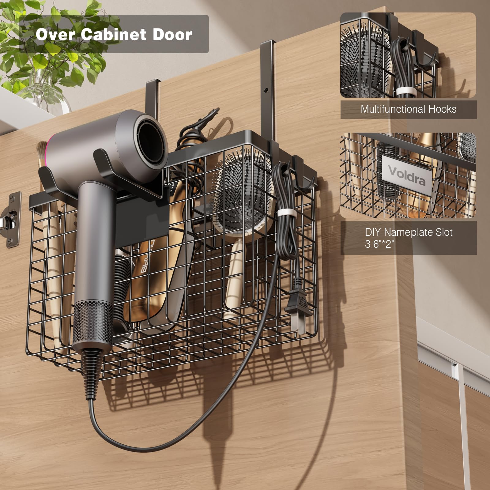 Voldra Hair Dryer Holder Cabinet Door, Adhesive Hair Tool Organizer Wall Mount Adjustable Height Blow Dryer Holder Under Sink/Co