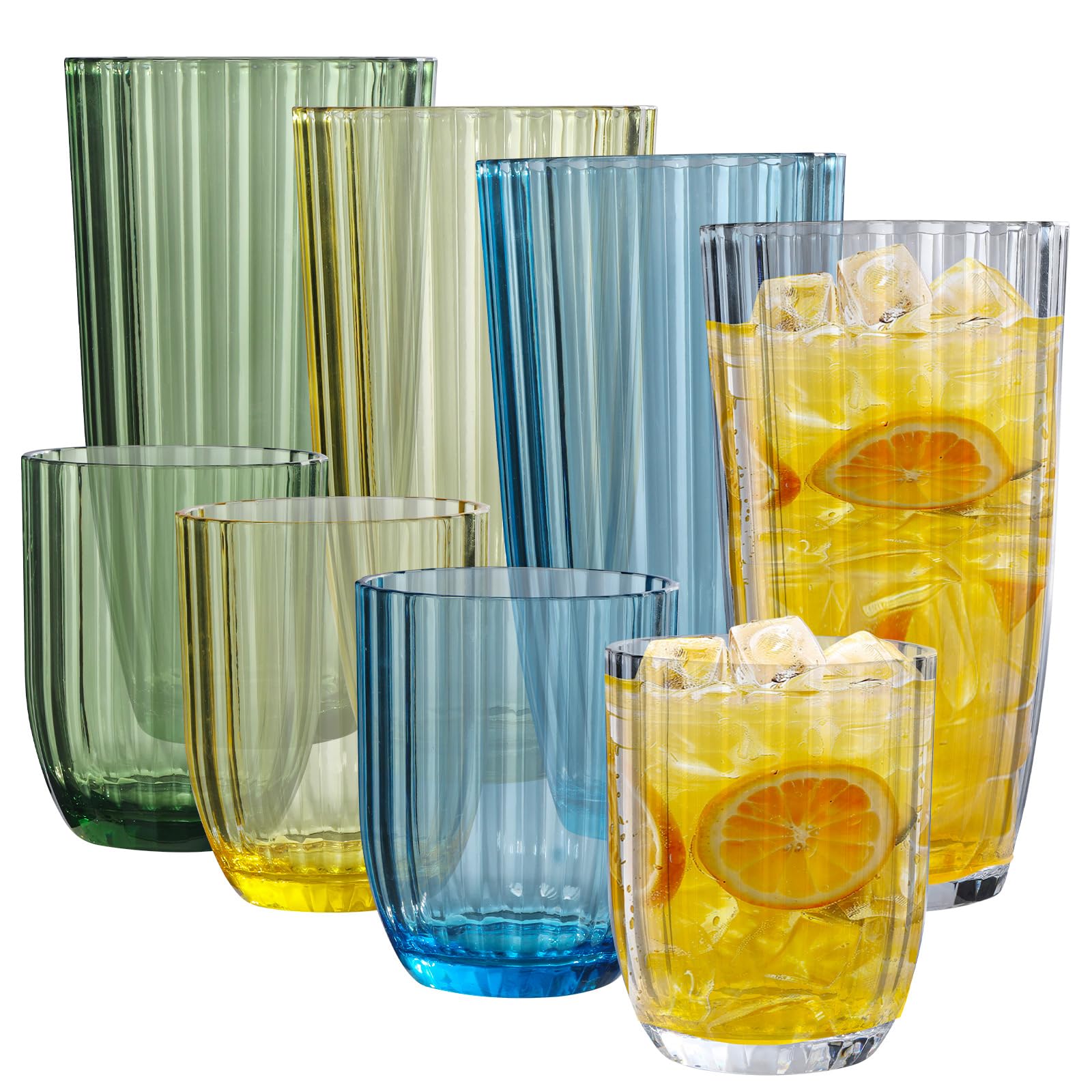 AKMQYM Acrylic Clear Highball Plastic Cups | Plastic Reusable Tumblers 15oz & 20oz (Set of 8) | Stackable | BPAfree Tumblers | 
