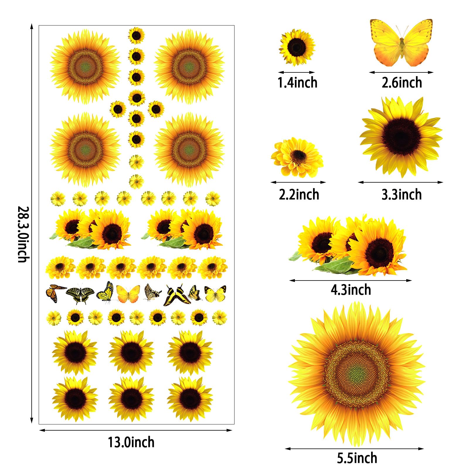 53 Pcs Sunflower Daisy Wall Decals Butterfly Wall Stickers, Waterproof Sunflower Decals, Sunflower Wall Decor, Flower Mural Stic