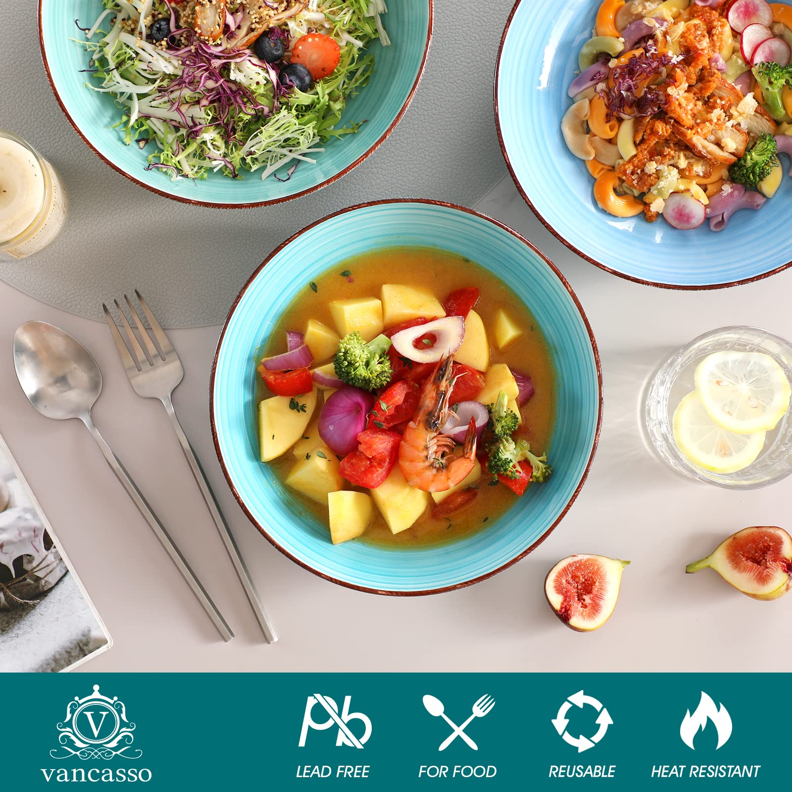 Vancasso Bonita Pasta Bowls Set Of 6, 38 Oz Shallow Bowls, Ceramic Pasta Plates And Salad Bowls, Microwave & Dishwasher Safe Ser