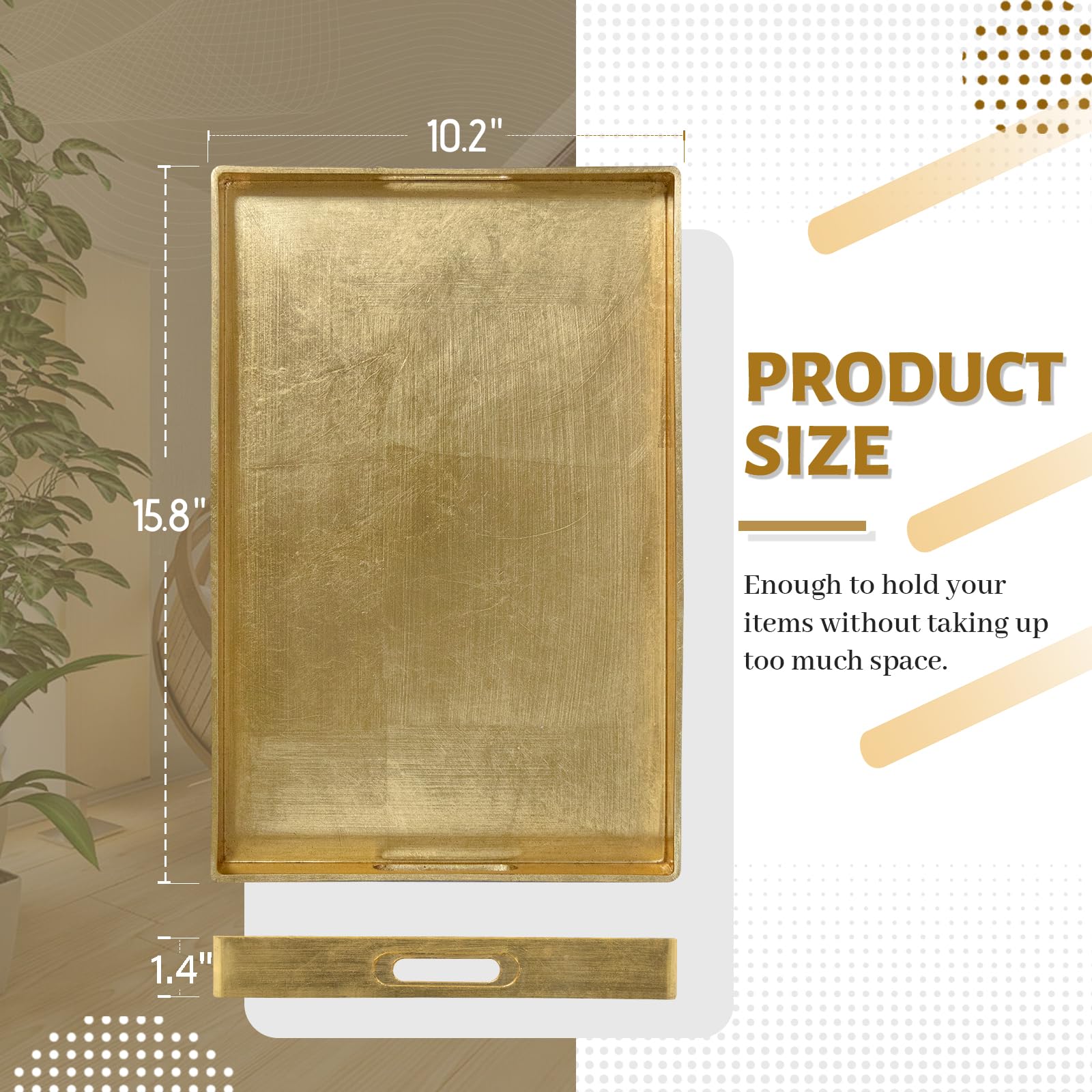 Maoname Modern Gold Decorative Tray With Handles, Gold Leaf Serving Tray For Coffee Table, Rectangle Bathroom Decor Tray, 15.8''