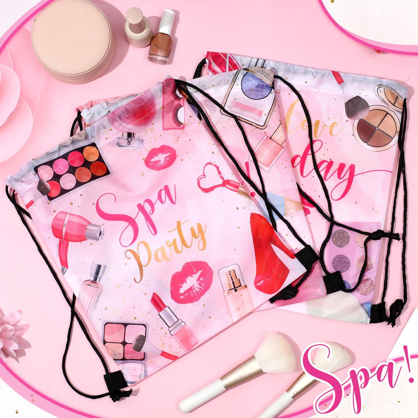 Equsion 12 Pcs Spa Party Favor Bags Drawstring Backpack Spa Party Gift Bags Supplies for Girls Women Makeup Birthday Decorations