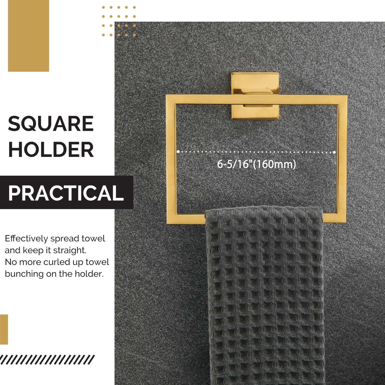 Angle Simple Towel Ring, Sus 304 Stainless Steel Square Bathroom Hand Towel Holder For Wall, Brushed Gold