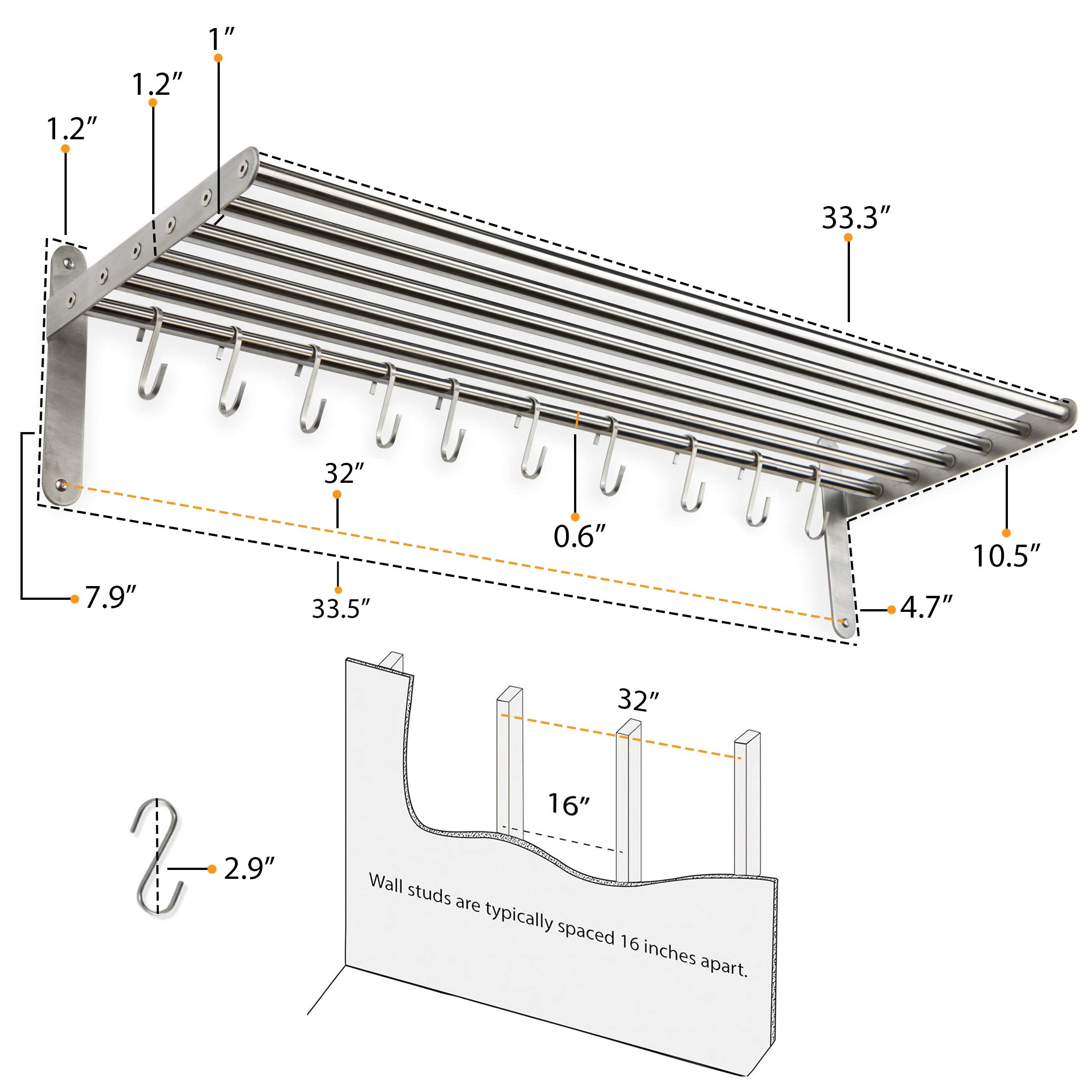 Wallniture Lyon Kitchen Organization and Storage Rack  Stainless Steel Metal Wall Shelf with 10 S Hooks for Hanging Pots and Pans  Chrome