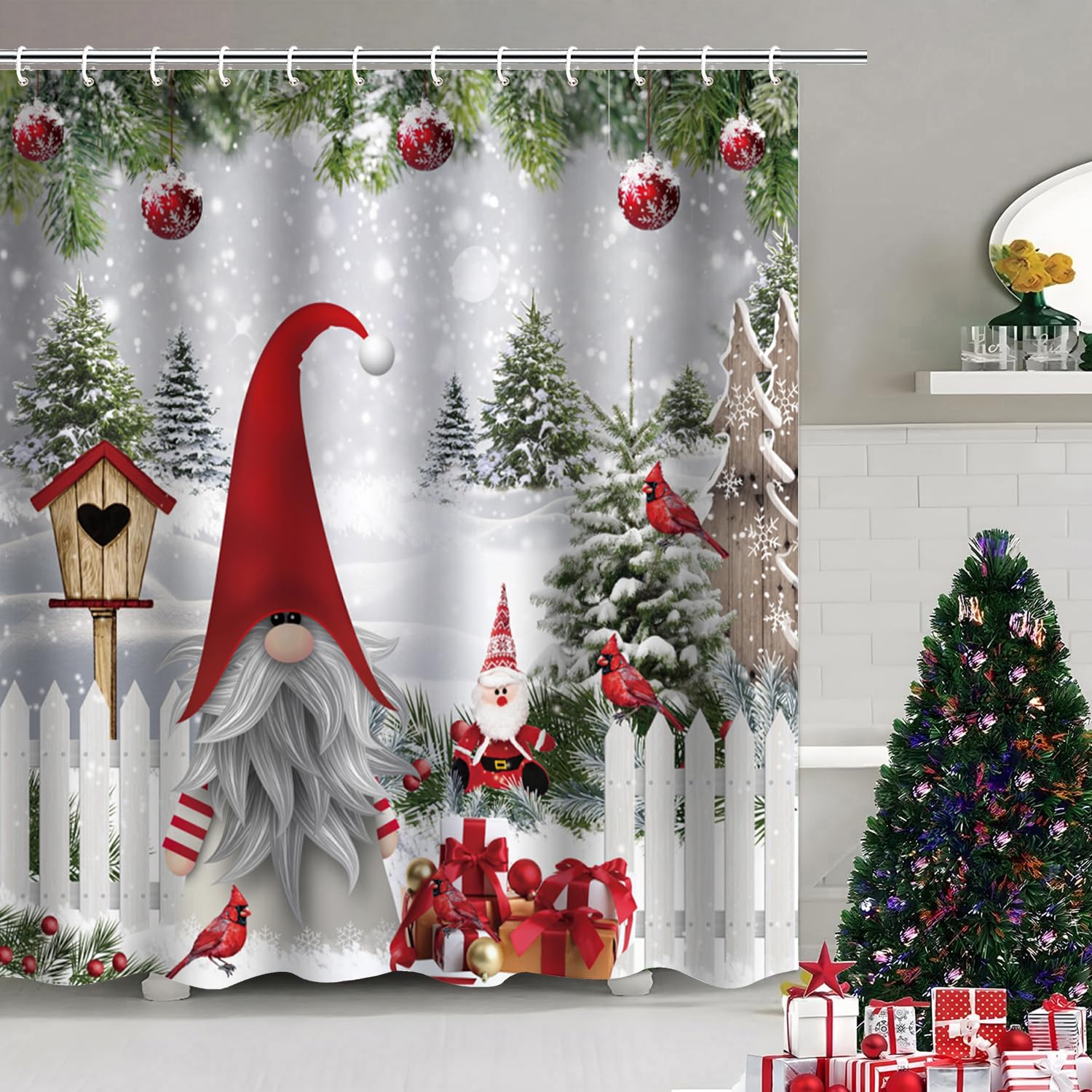 Atwqevon Christmas Shower Curtain, Gnome Shower Curtain Set, Winter Shower Curtains For Bathroom, Lovely Cute Sprite Bathroom Sh