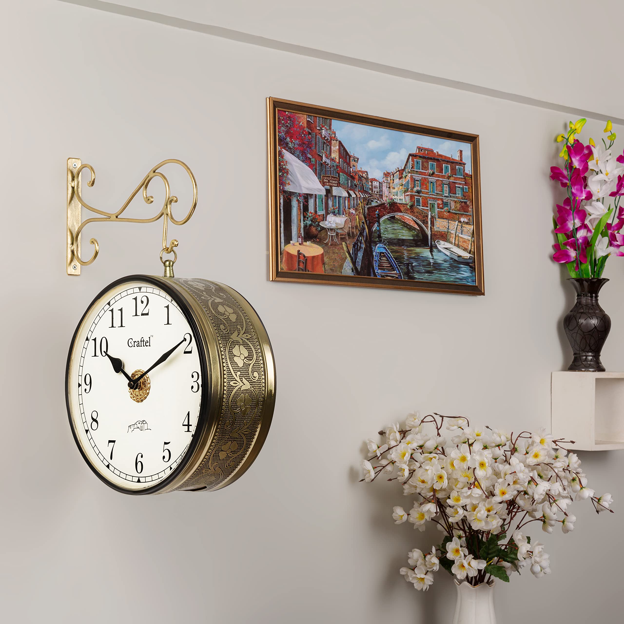 CRAFTEL Metal Analog Double Sided Vintage Station Wall Clock with Brass in dial (Golden :12 Inches)