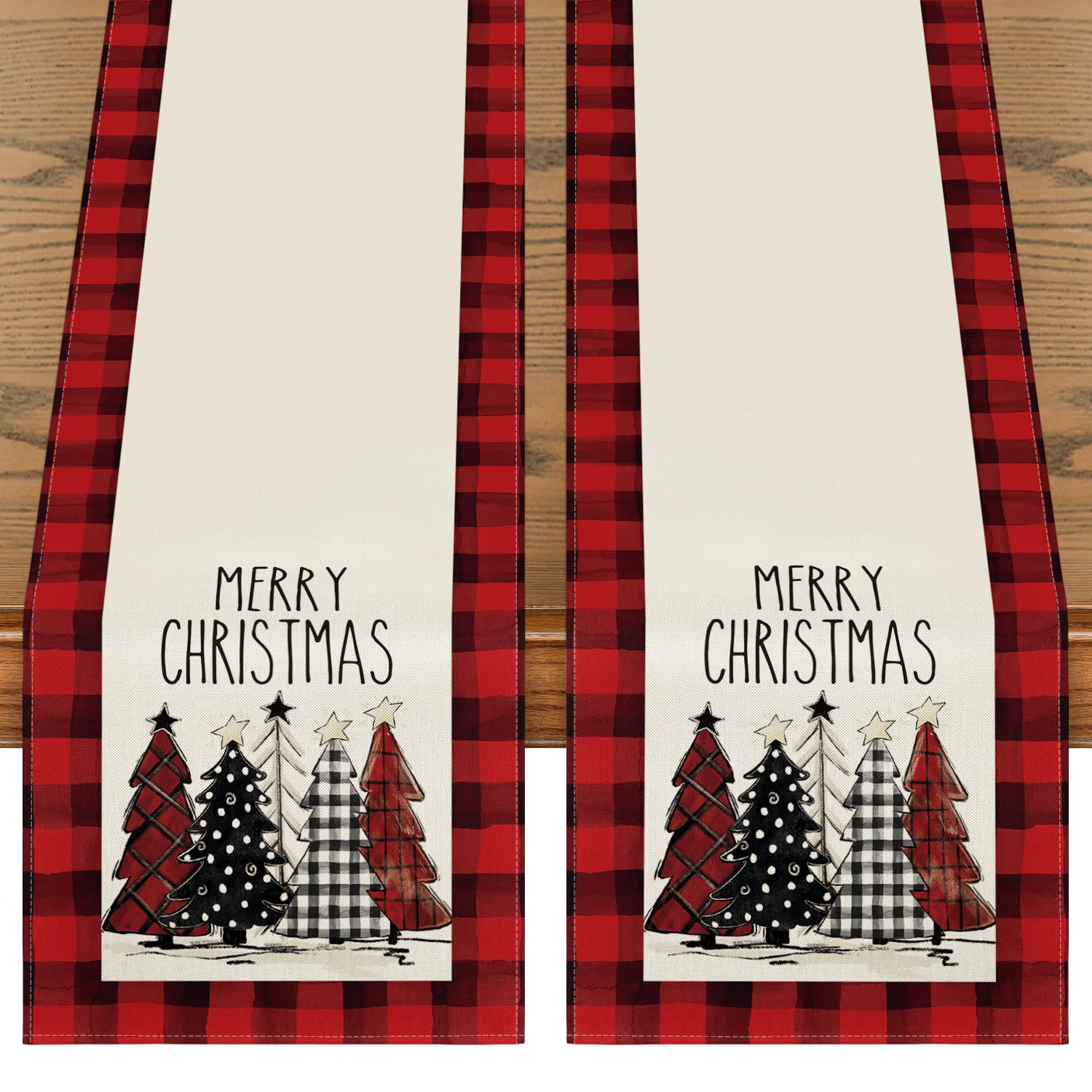 Artoid Mode Red Buffalo Plaid Xmas Trees 2Pcs Merry Christmas Table Runner, Seasonal Winter Holiday Table Decoration For Home Pa