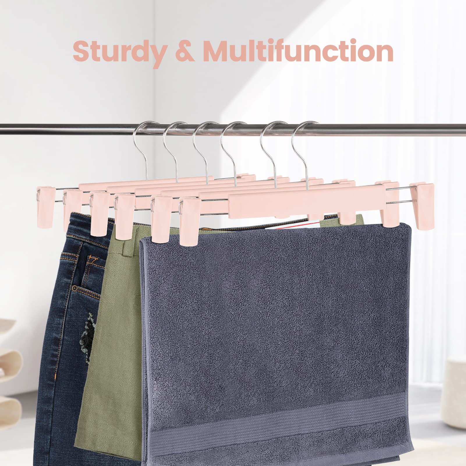 Guhmctt 10 Pack Pants Hangers with Adjustable Non-Slip Clips Anti-Rust Hanging Hook for Trouser Skirts Jeans Clothes Hangers Pink