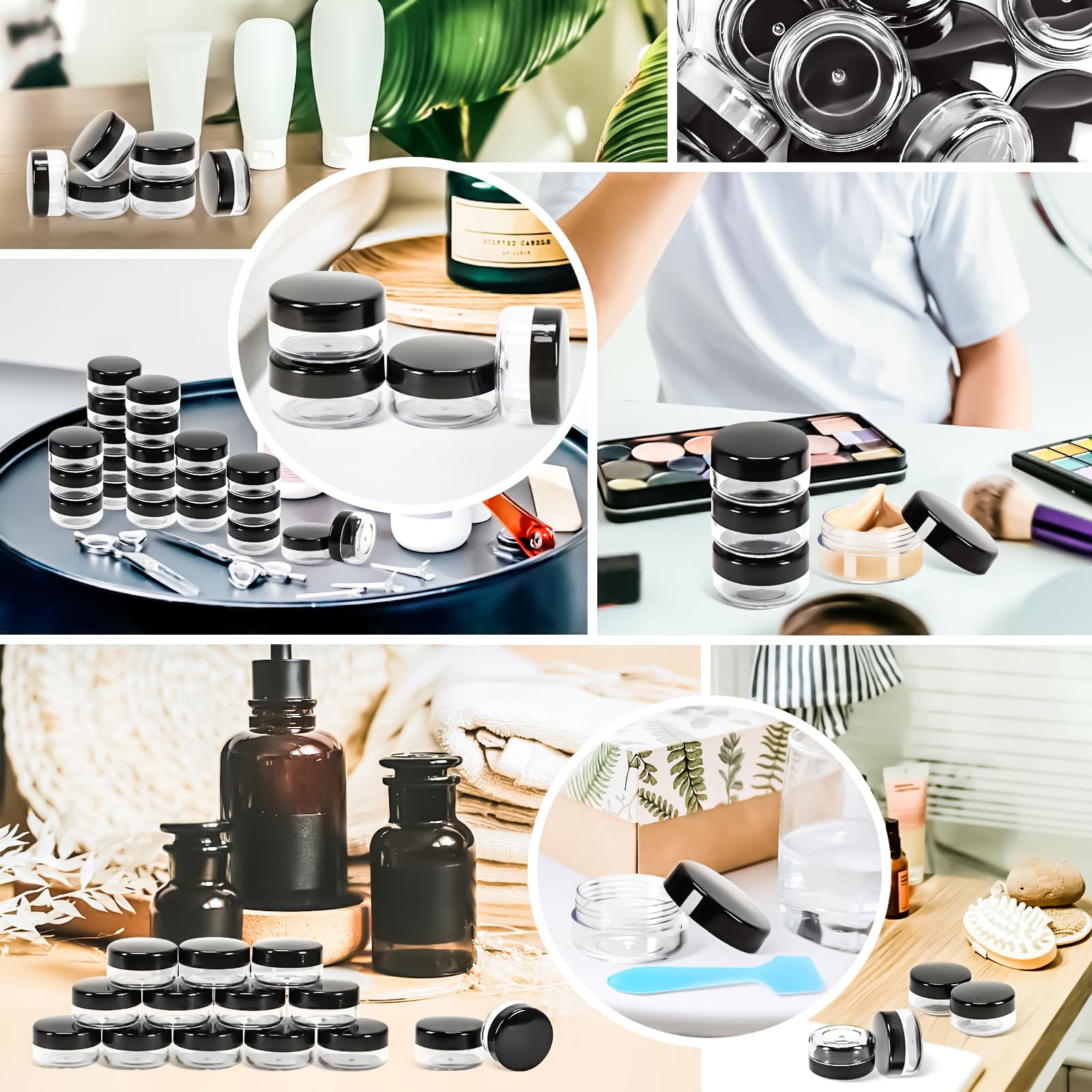 Motbach 50Pcs 10G Empty Sample Containers With Black Lids,Refillable Makeup Sample Containers, Small Sample Pot Jars Travel Make