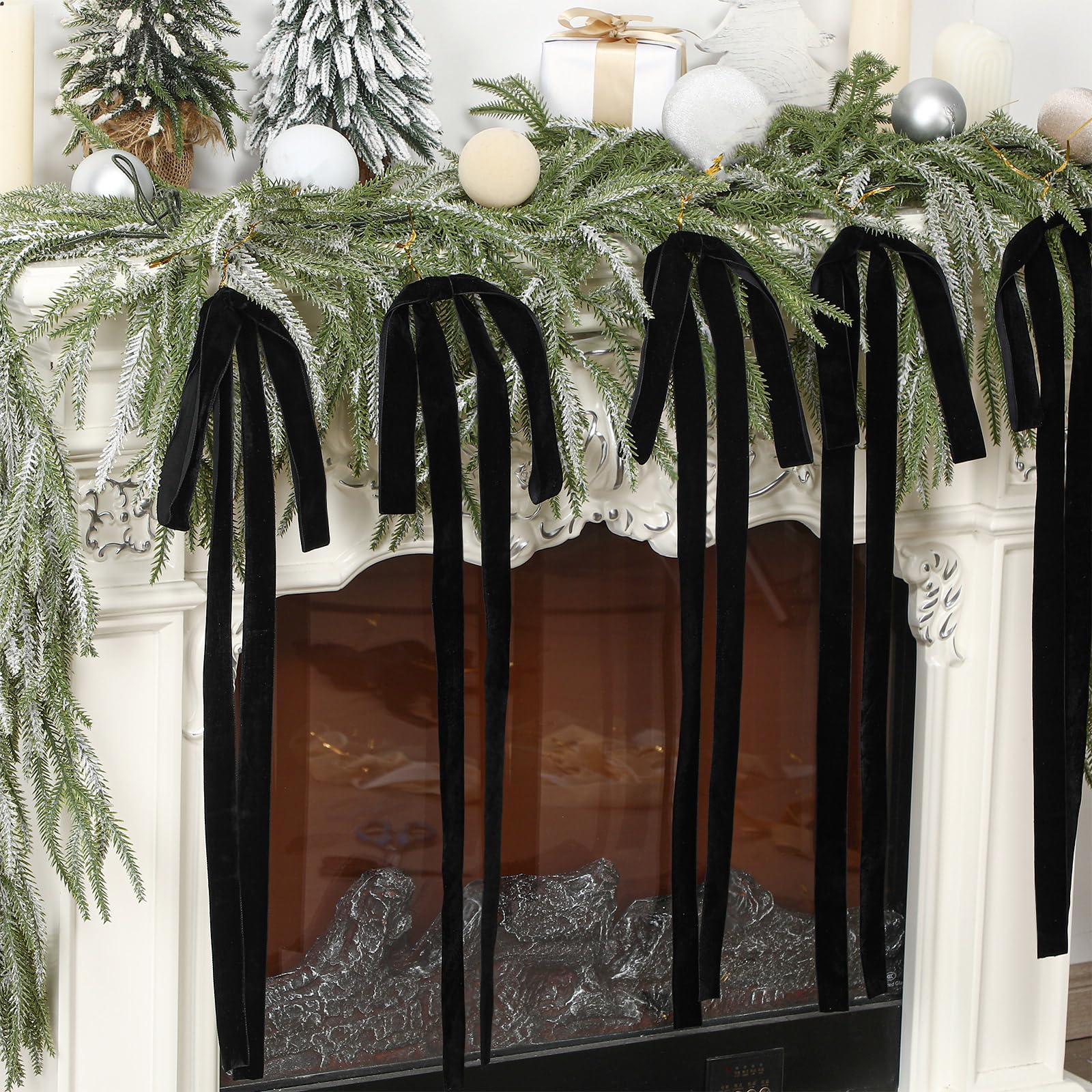 Janinka 12 Pcs Black Velvet Ribbon Bows Christmas Tree Decorations 23.5x15.5 Inch Rustic Neutral Large Velvet Vintage Christmas