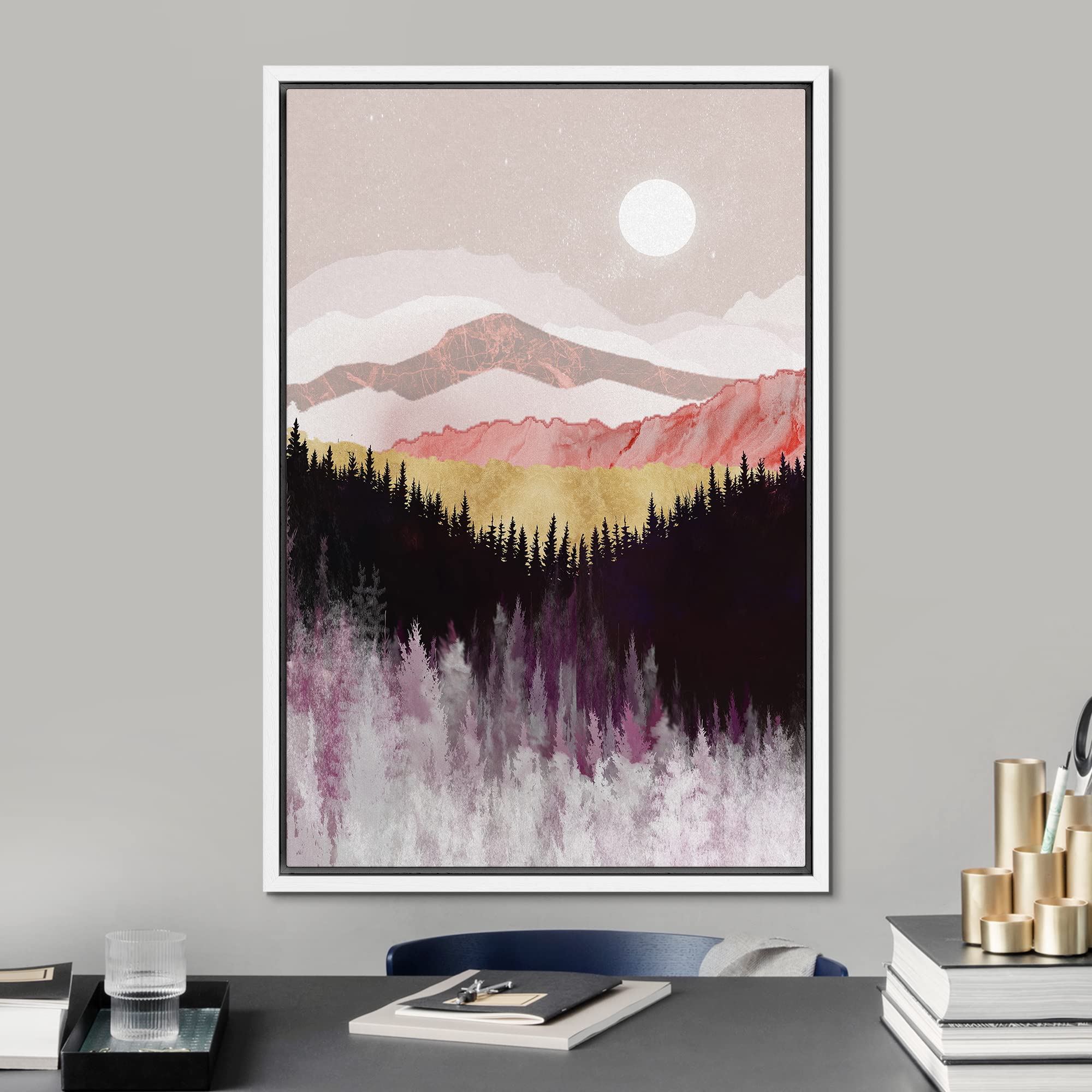 Signford Framed Canvas Print Wall Art Pastel Geometric Mountain Range Forest Nature Wilderness Illustrations Modern Art Decorati