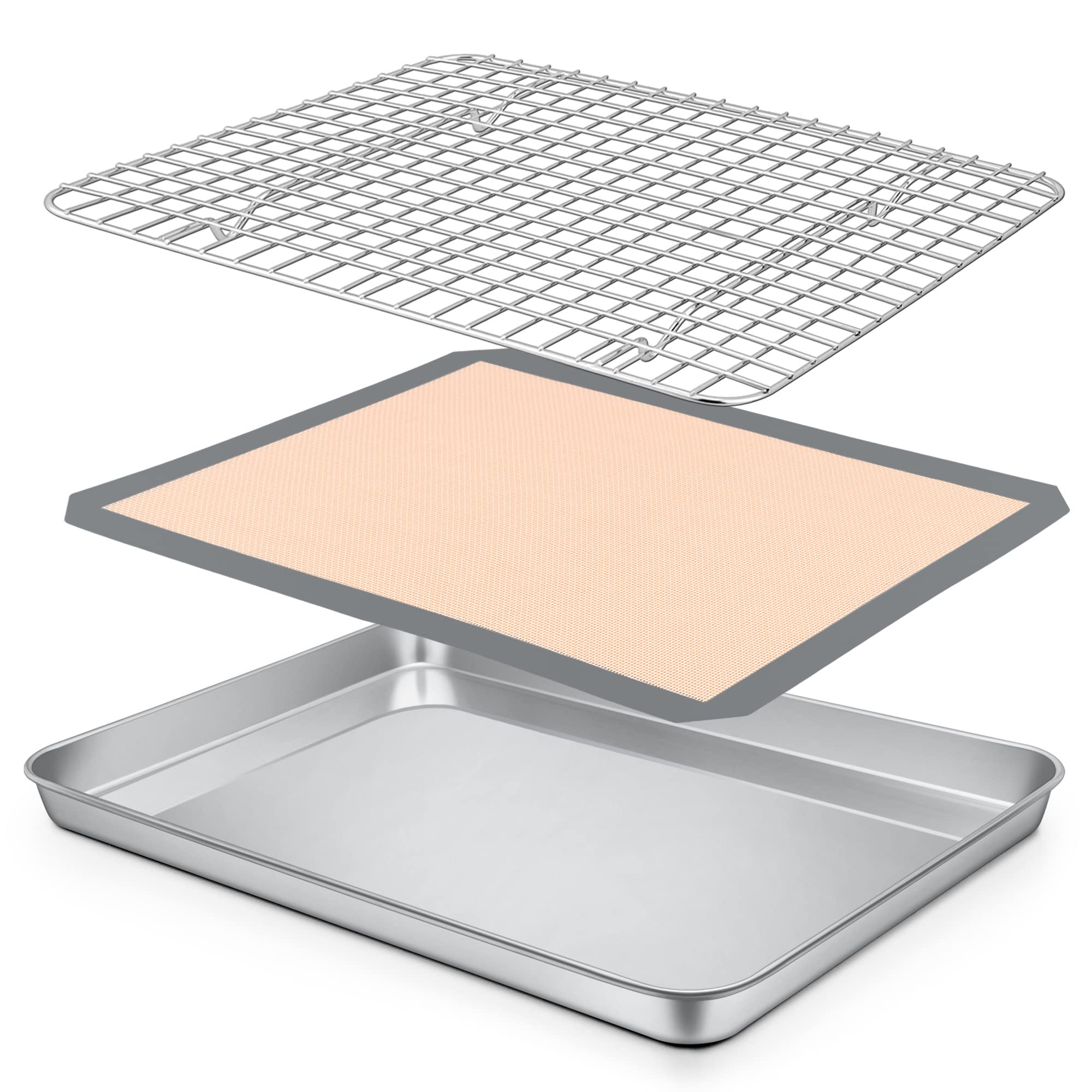 P&P CHEF 12.5 x 9.7 x 1 Inch Toaster Oven Pan Tray with Rack and Mat  3Pcs