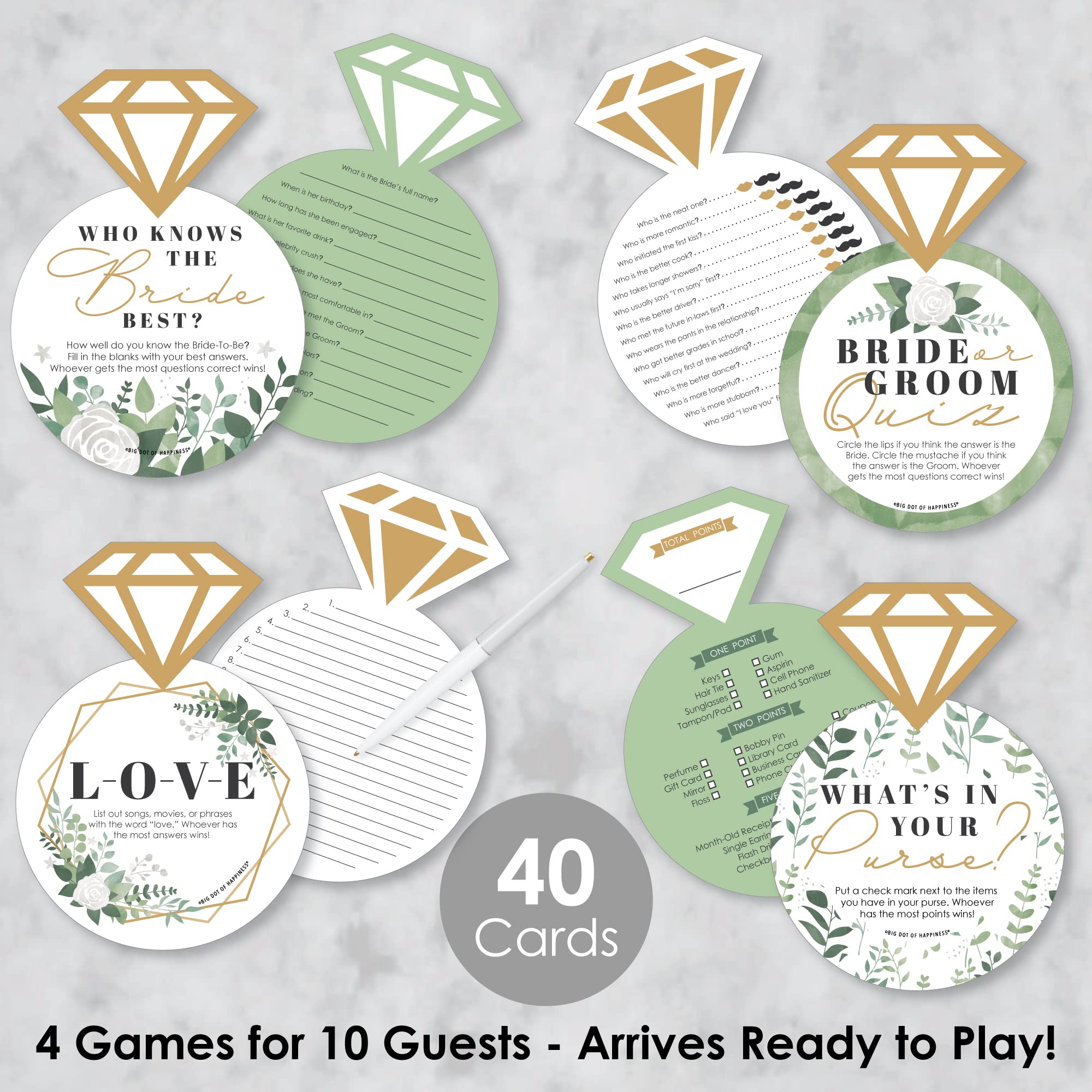 Big Dot Of Happiness Boho Botanical Bride - 4 Greenery Bridal Shower Games - 10 Cards Each - Gamerific Bundle