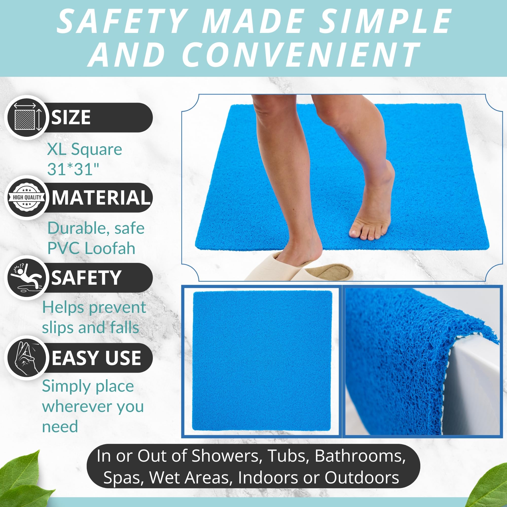 X Large 31X31 Square Shower Mat - Loofah Shower Mats - Shower Mats For Showers Anti Slip For Elderly - Shower Anti Slip Mat - Sh