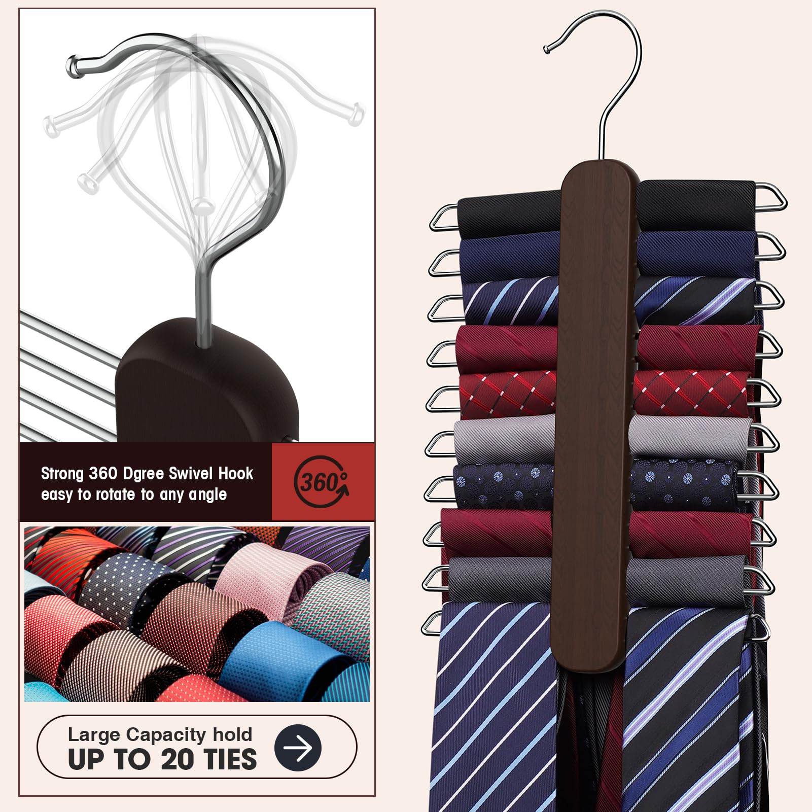 Uinicor Tie Hanger,Tie Organizer For Closet 20 Storage Capacity,Wooden Necktie Organizer Tie Holder,360 Degree Rotating Accessor