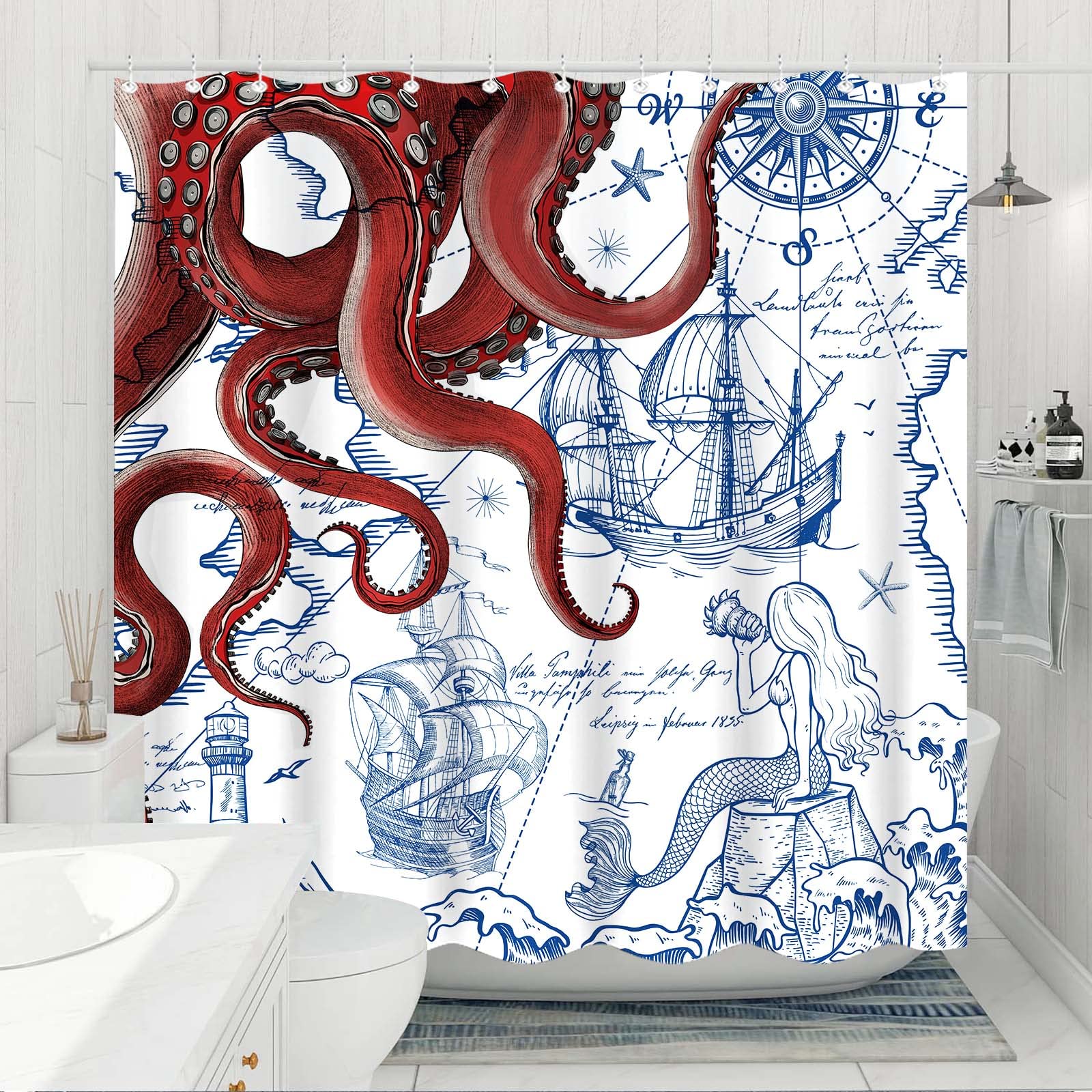 Fungarth Long Red Nautical Octopus Shower Curtain Navy Blue Mermaid Funny Ocean Kraken Shower Curtains For Bathroom Cool Anchor