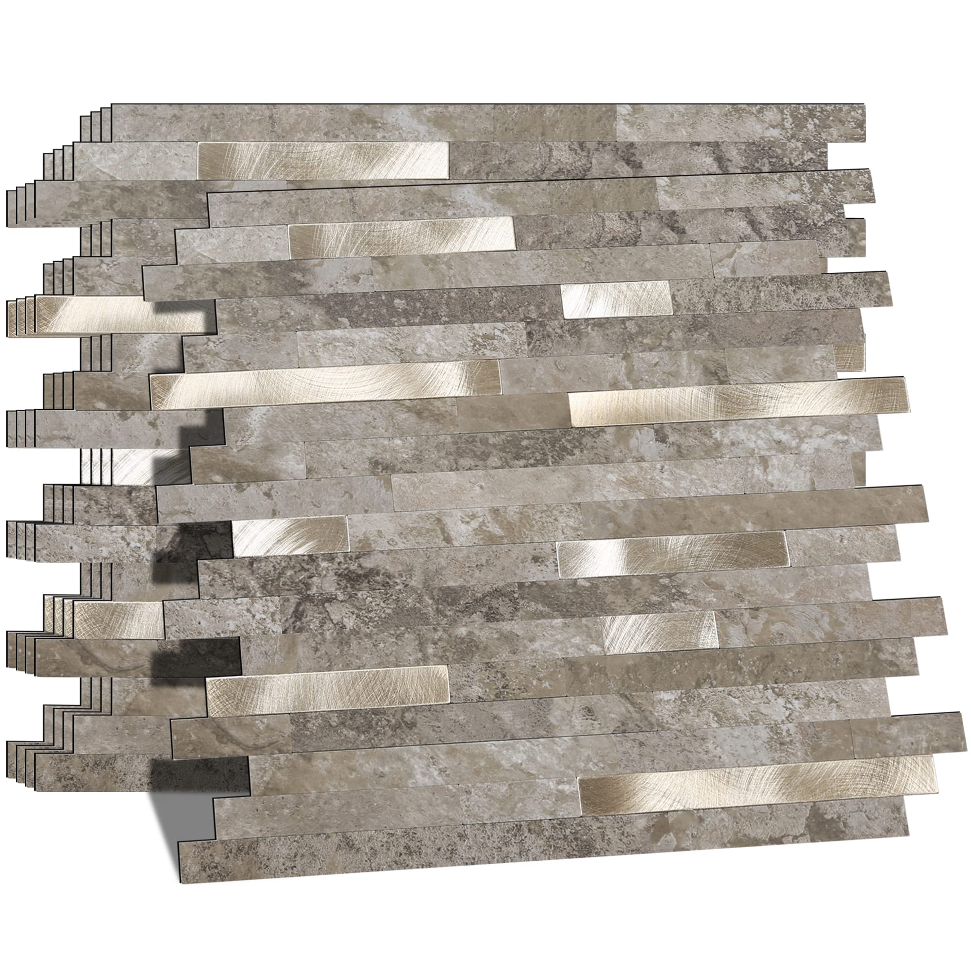 KASARO 10-Sheet Peel and Stick Backsplash Tiles for Kitchen, Marble Slate with Vintage Silver Embellished Stripes, Self-Adhesive