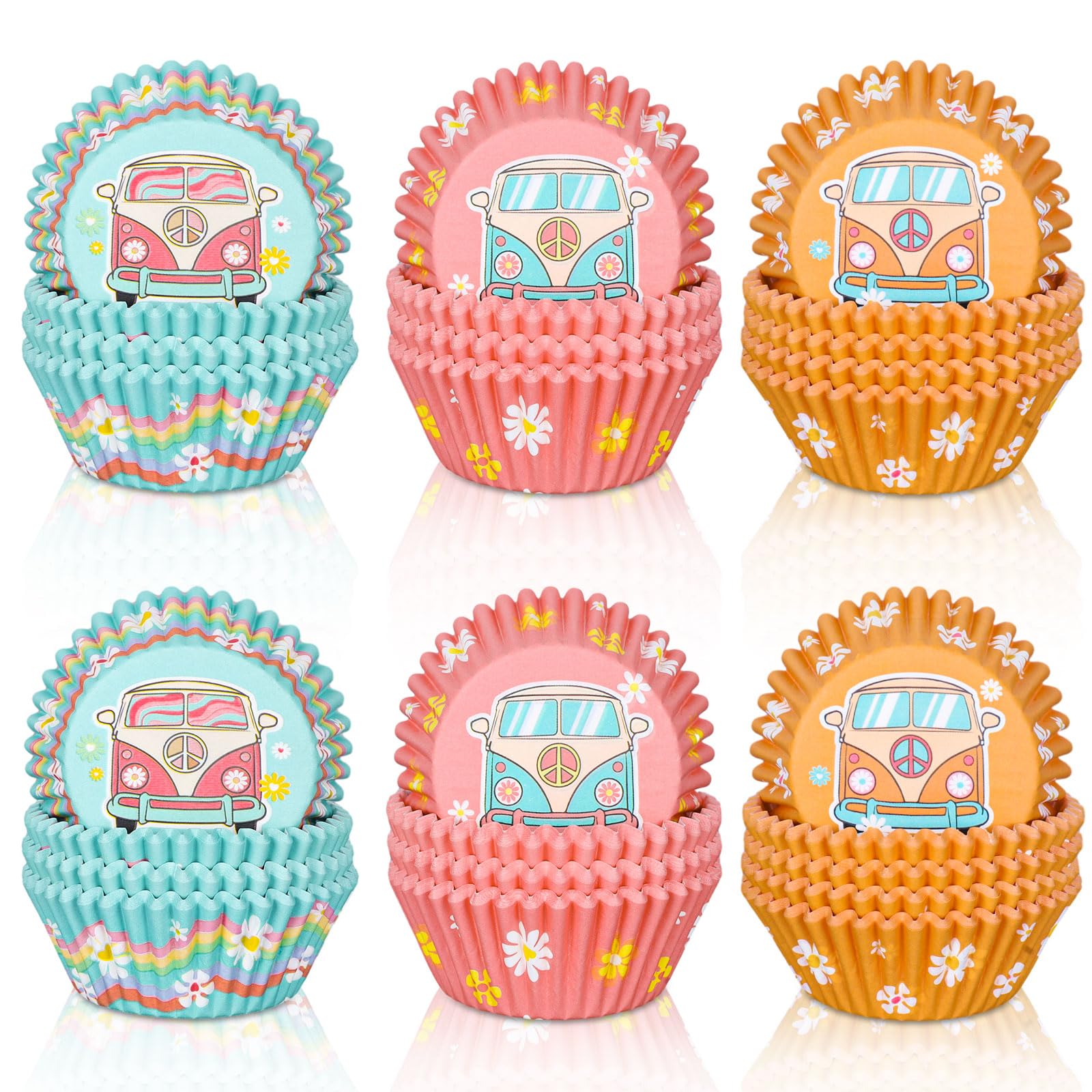 Whaline 600Pcs Back To School Hippie Bus Cupcake Liners Retro Groovy Party Cupcake Wrappers Cartoon Bus Paper Baking Cups Baking