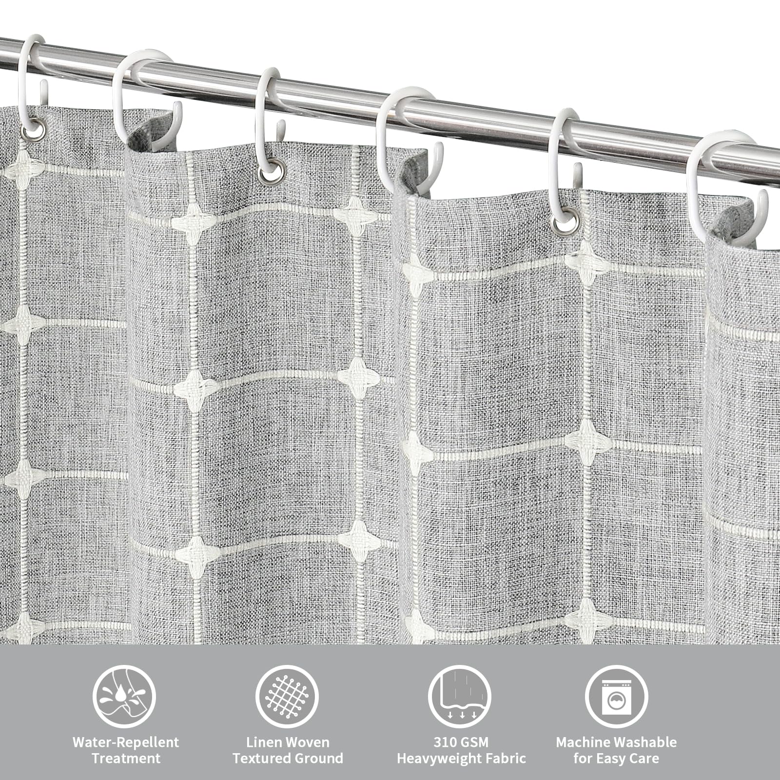 Mitovilla Grey Boho Extra Long Shower Curtain 72 X 84, Light Grey Modern Farmhouse 84 Inch Xl Cotton Linen Texture Tassel Fabric
