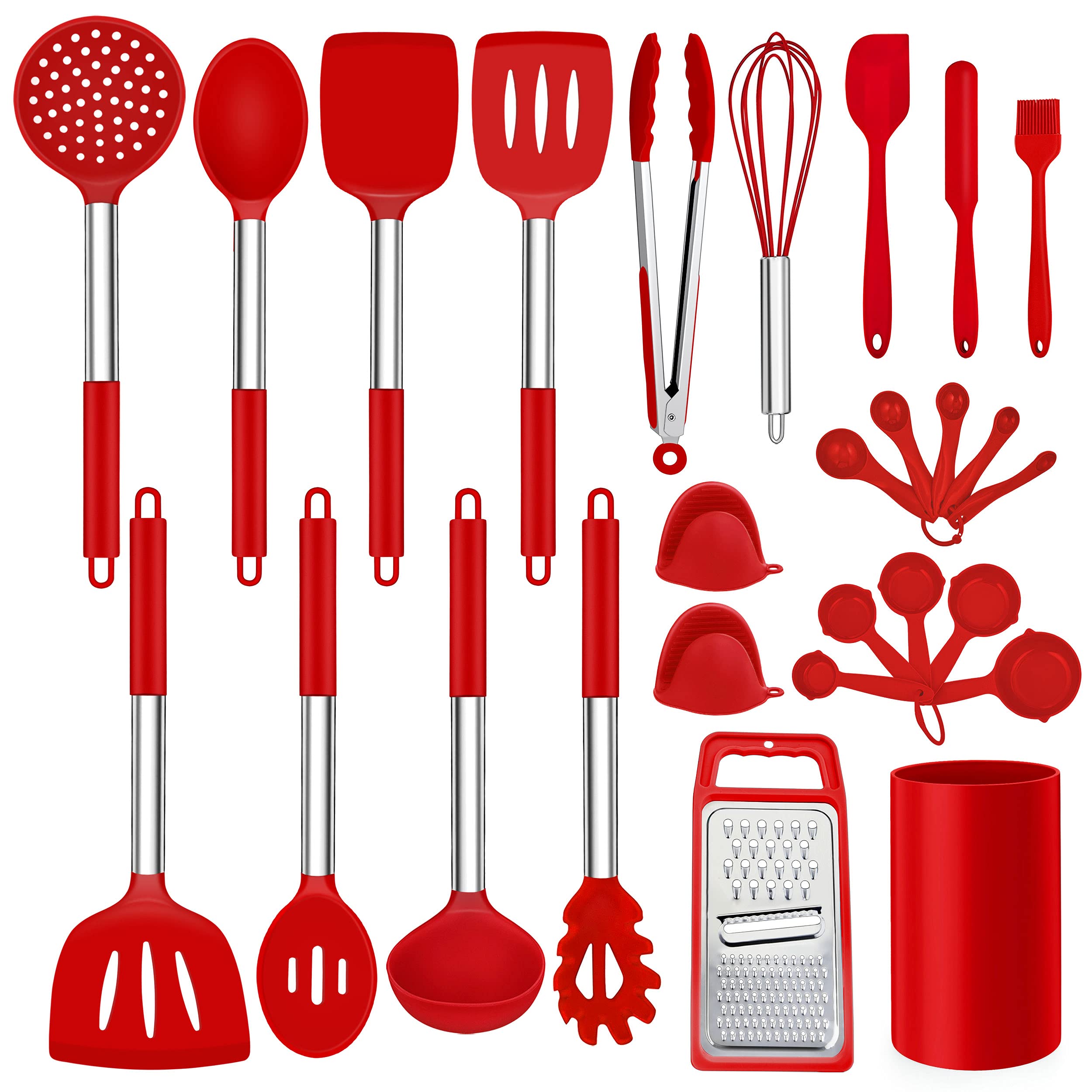 Lianyu 27 Pcs Kitchen Utensils Set With Holder, Silicone Cooking Utensils Spatula Set With Stainless Steel Handle, Kitchen Cooki