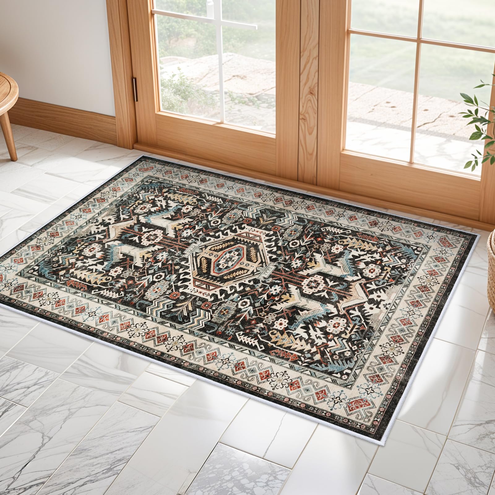 Living Room Area Rug Washable - 2x3 Large Bedroom Rug Distressed Oriental Non-Slip Non-Shedding Print Floor Carpet for Dining Ro