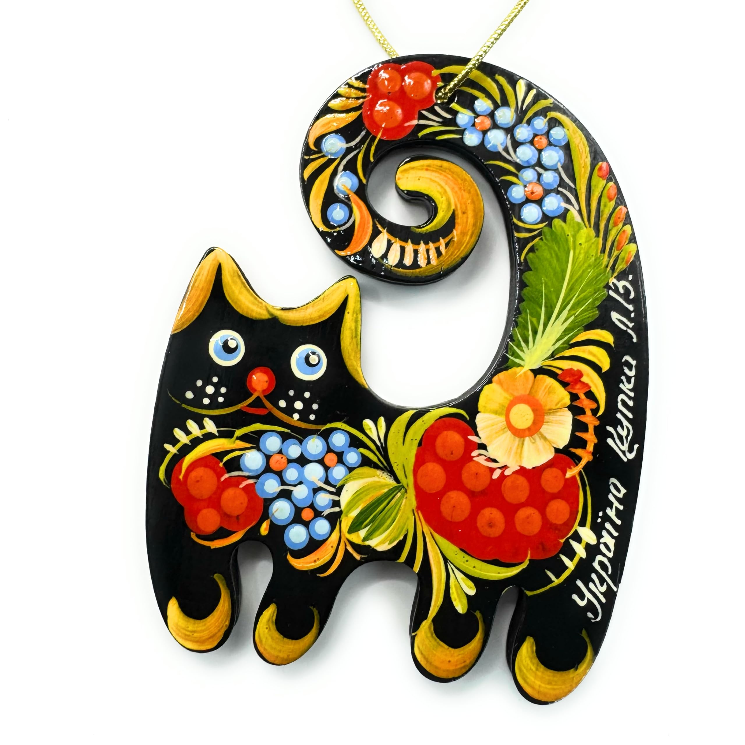 Cat Hanging Christmas tree Decoration Made of Wood Hand-painted on both sides,3,3 ? 2,8 ? 0,2 Inch | 7 ? 8,5 ? 0,5 cm Ukrainian 