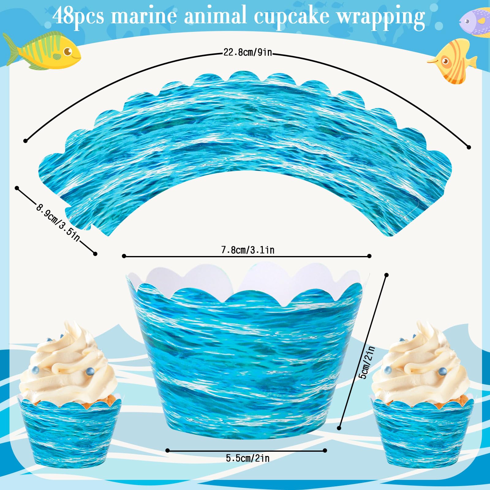 Whaline 48Pcs Ocean Wave Cupcake Wrappers Blue Sea Waves Cupcake Liners Summer Ocean Paper Baking Cup Cupcake Holders For Birthd