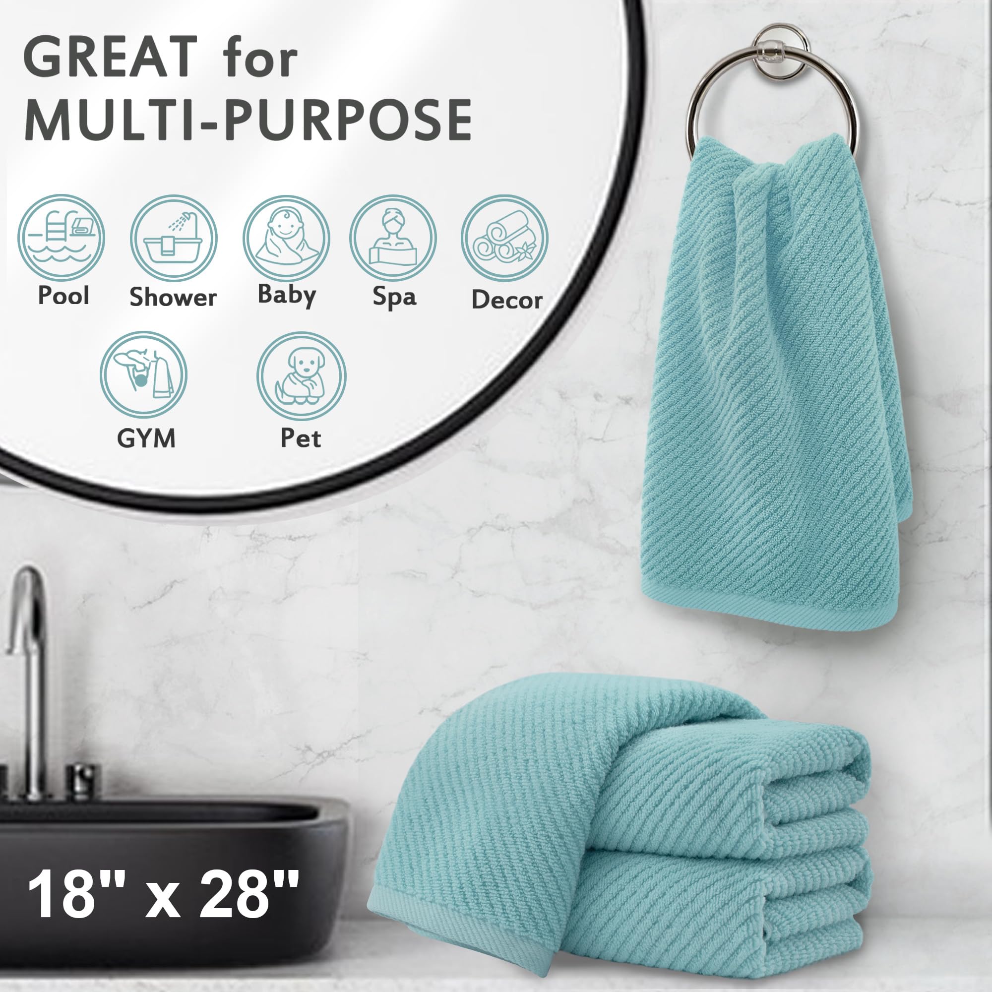 Voova & Movas Bathroom Hand Towels Set Of 4, Large 18'' X 28'' - Quick Dry | Lightweight | Soft | Fluffy | 100% Cotton | Absorpt