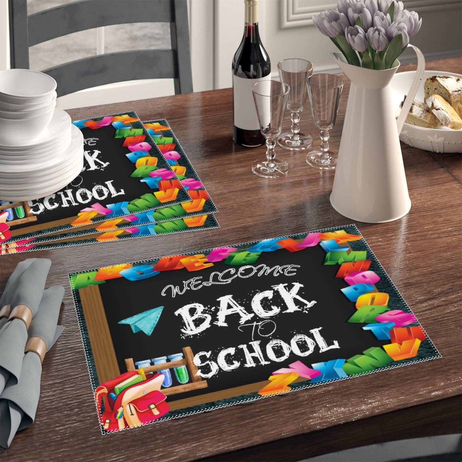 Welcome Back To School Placemat Set Of 4 Blackboard Pad Placemat Heat Resistant Washable Table Mats Non-Slip Stain Resistant Pad