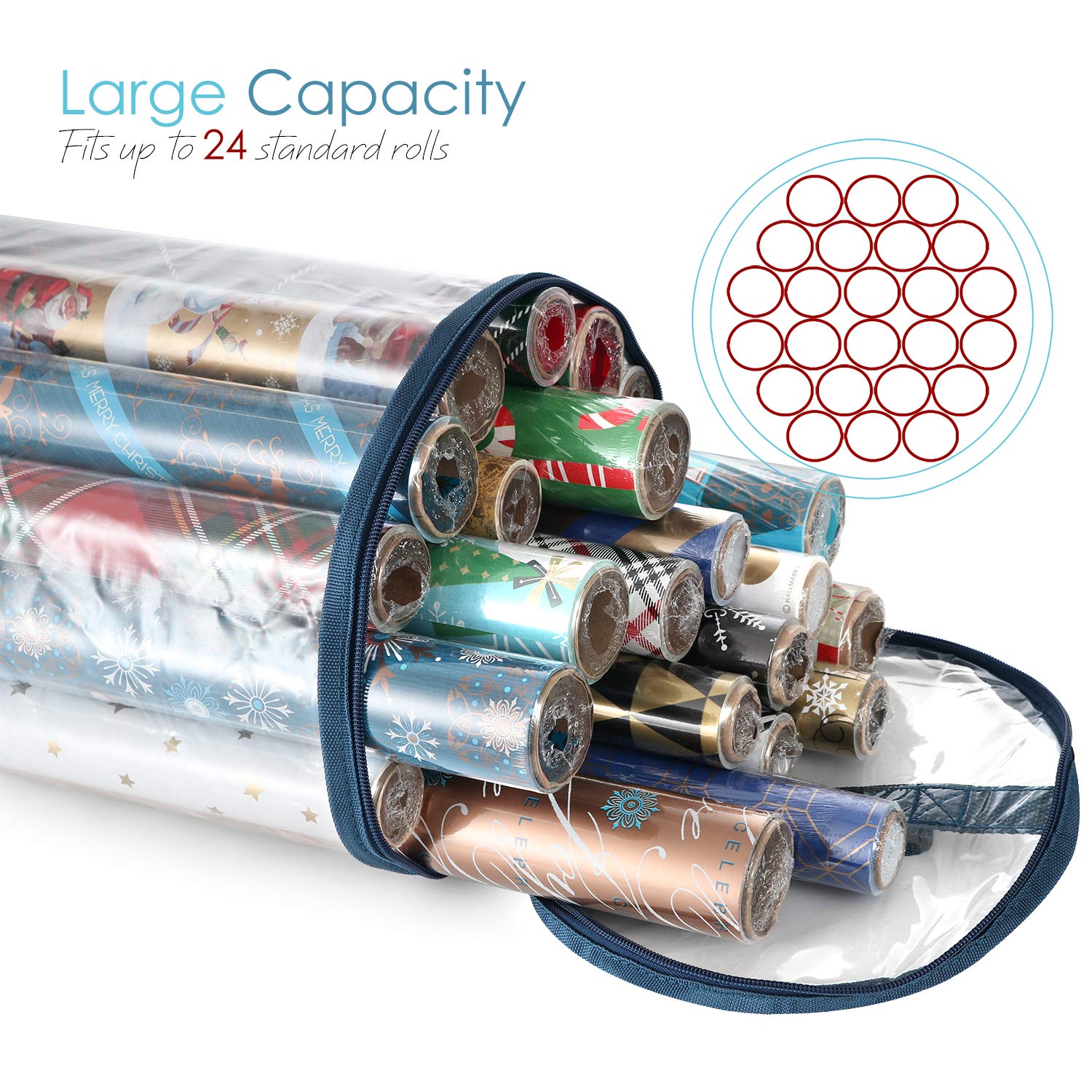 Hearth & Harbor Wrapping Paper Storage Container - Clear, Fits Up To 14 Rolls, Small, Steel Blue, Model HHHS02, Tear Proof Organizer