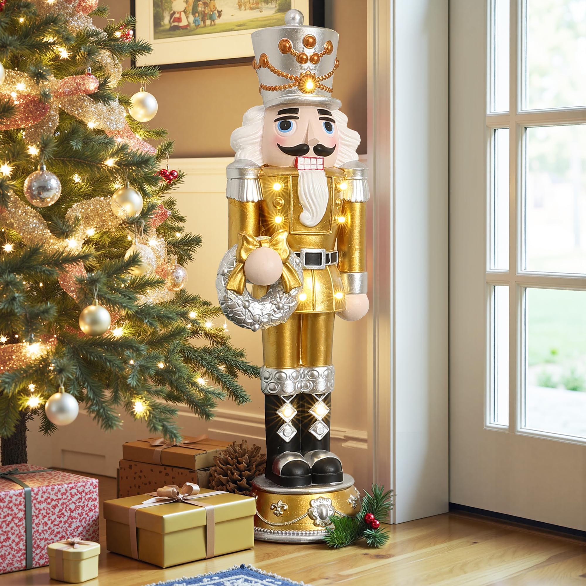 LuxenHome 4FT Tall Nutcracker Christmas Decoration, Elegant Lighted Holiday Nutcracker Soldier Statue with Wreath, Christmas Dec