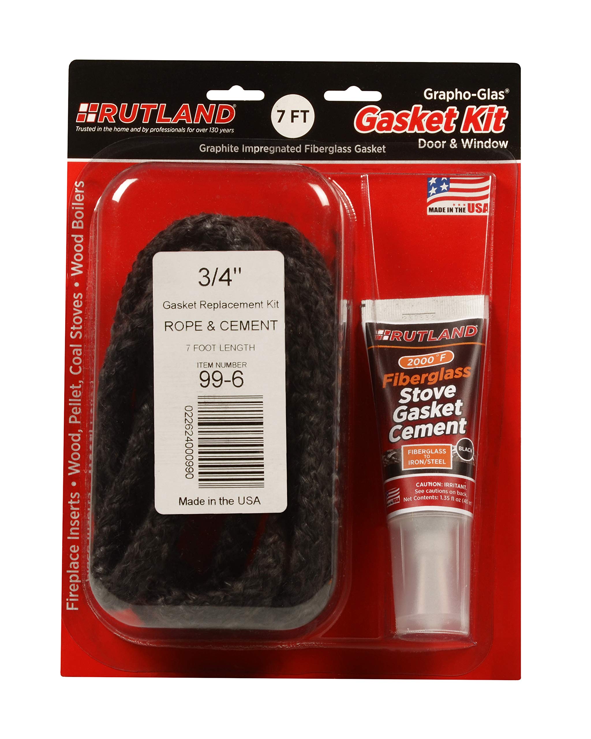 Rutland Wood Stove Gasket Replacement Kit, Graphite Impregnated Gasket & Adhesive, 3/4 '' X 7 ' Rope