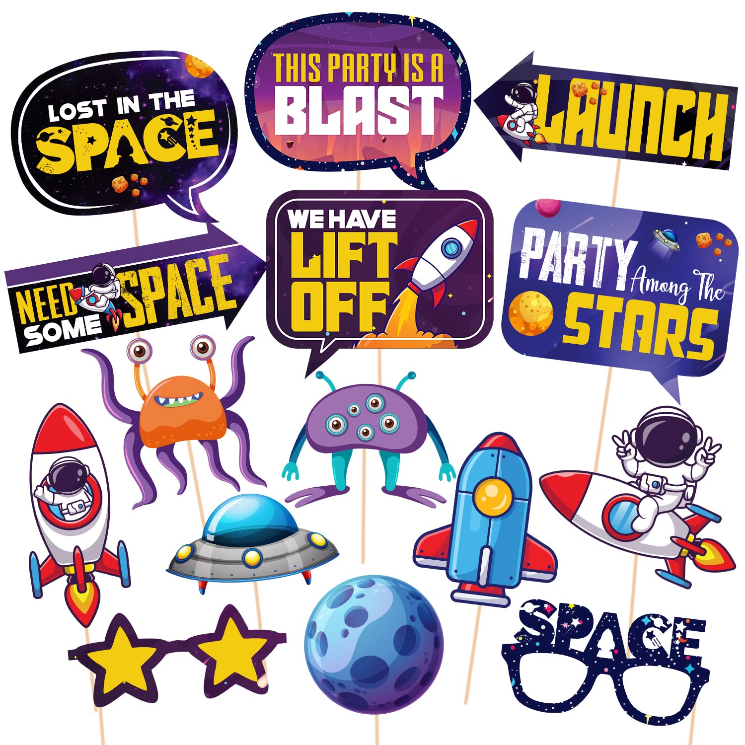 Zyozique 15 Space Photo Booth Props, Space Theme Birthday Decoration