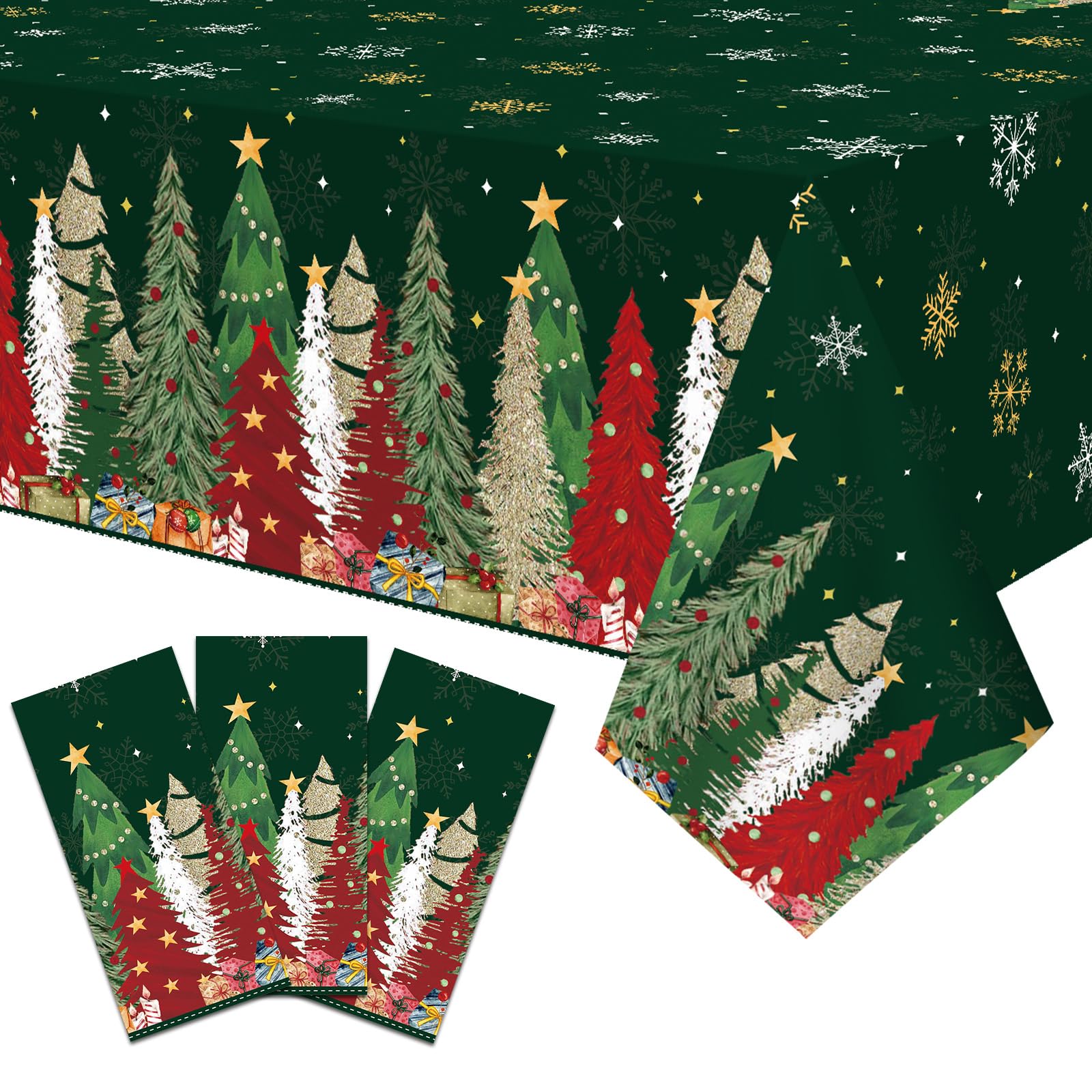 3-Piece 54 x 108 Inch Christmas Tree Plastic Tablecloth - Festive Green Holiday Disposable Table Cover for Winter Parties, Chris