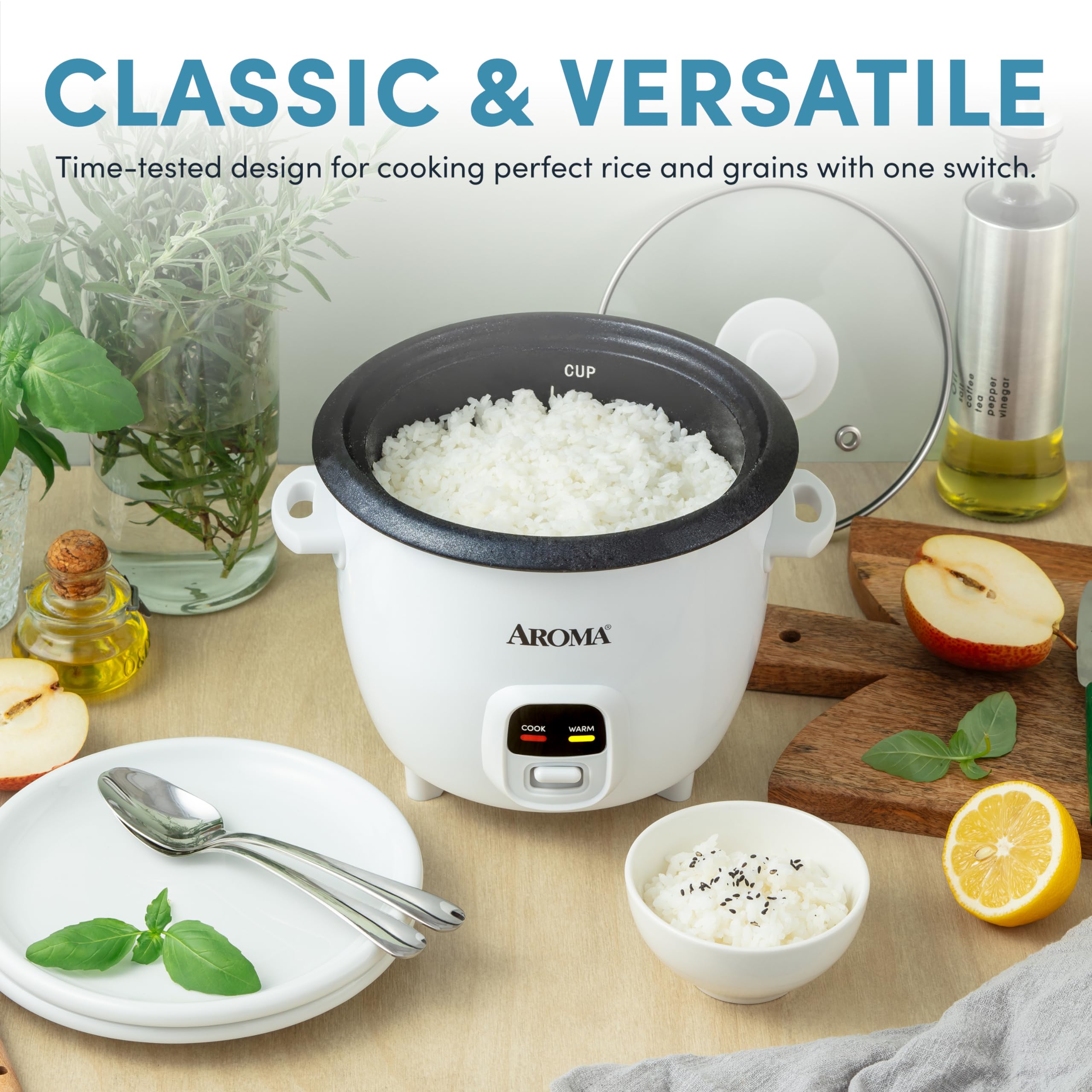 Aroma Rice Cooker, 3-Cup (Uncooked) / 6-Cup (Cooked), Small Rice Cooker, Oatmeal Cooker, Soup Maker, Auto Keep Warm, 1.5 Qt, Whi