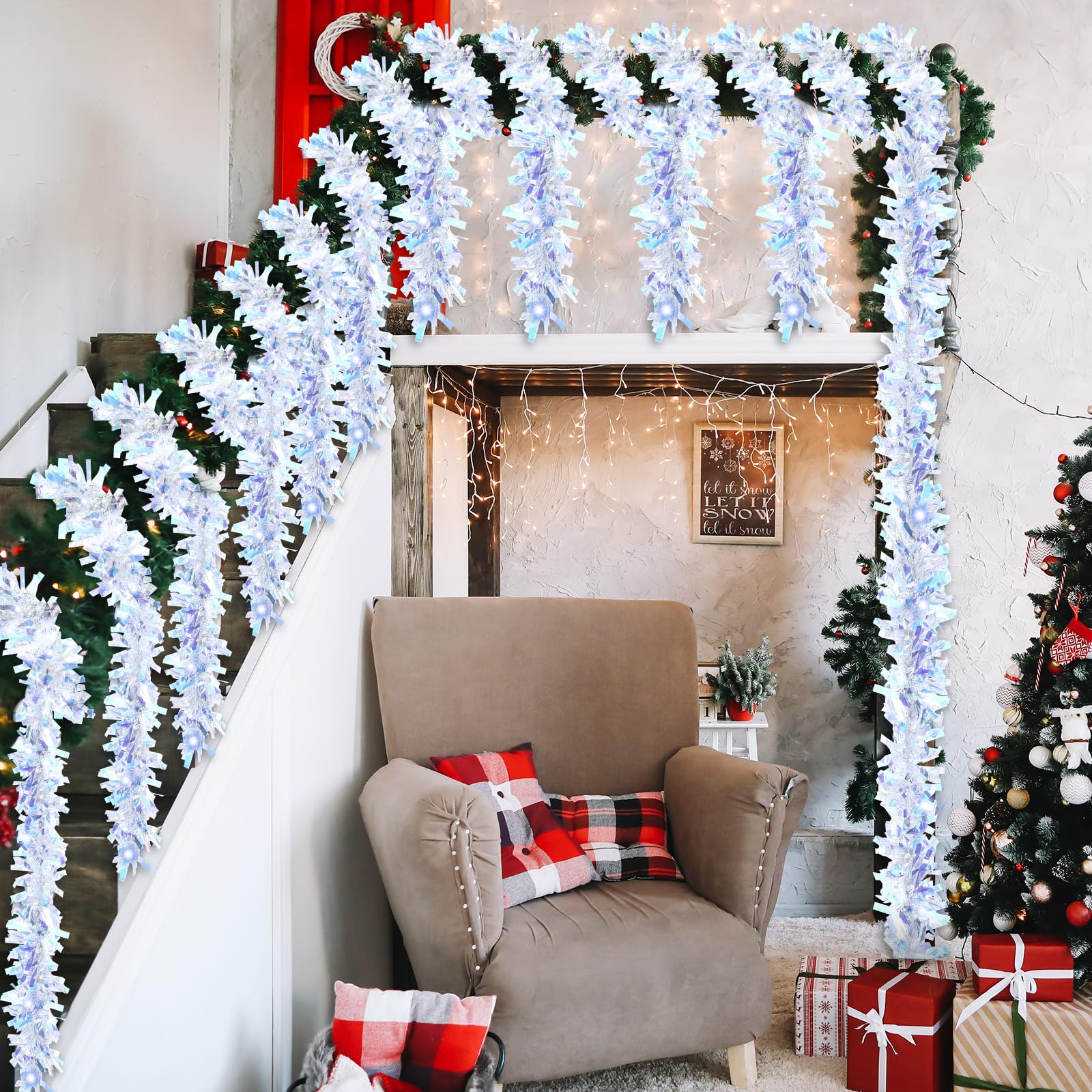 Kingdder 16.4 ft Christmas Prelit Tinsel Lighted Garland with 50 LED Lights Hanging Christmas Foil Tinsel Garland for Xmas Tree