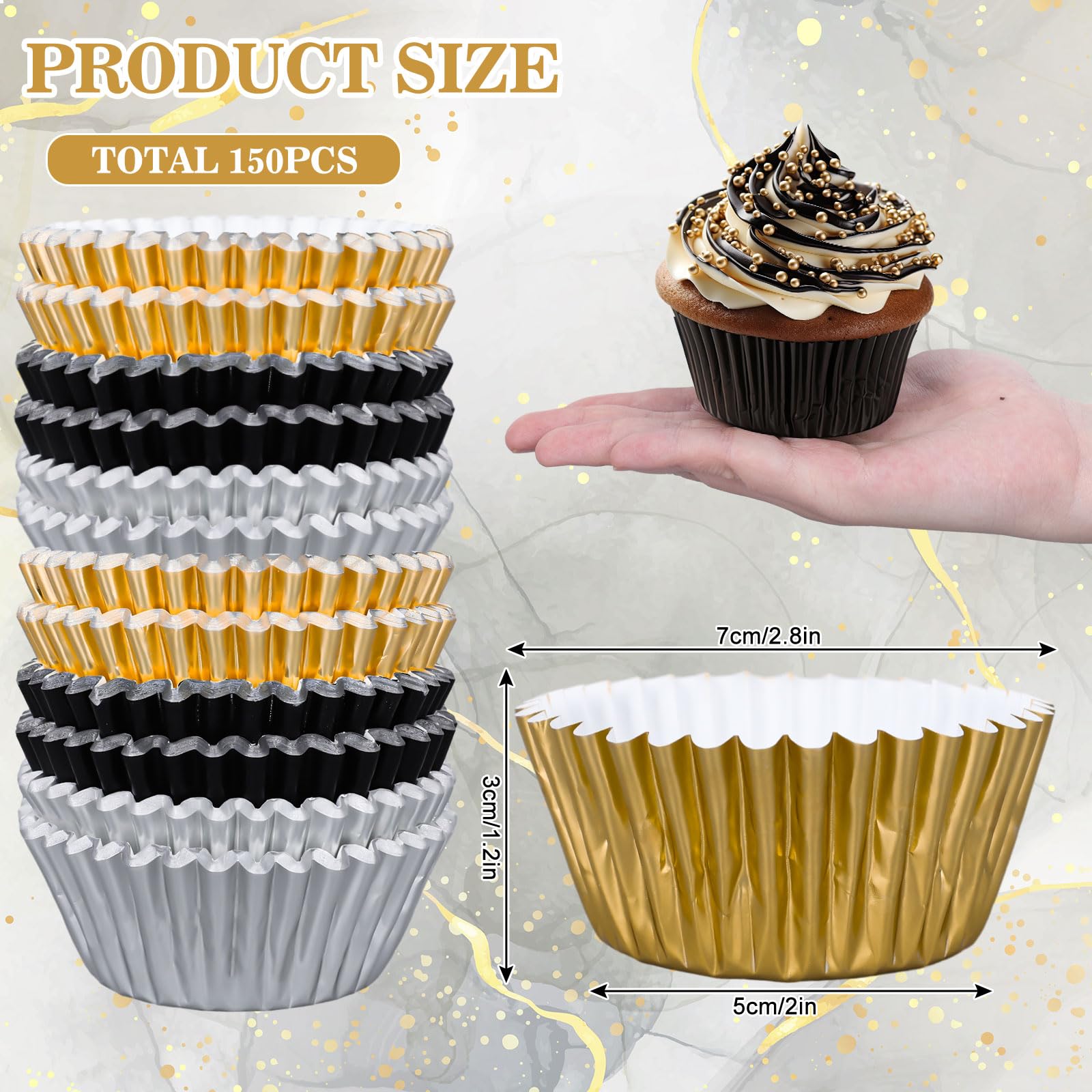 Whaline 150Pcs Graduation Cupcake Liners Congrats Grad Foil Baking Cups Black Silver Gold Foil Metallic Cupcake Wrappers For Col