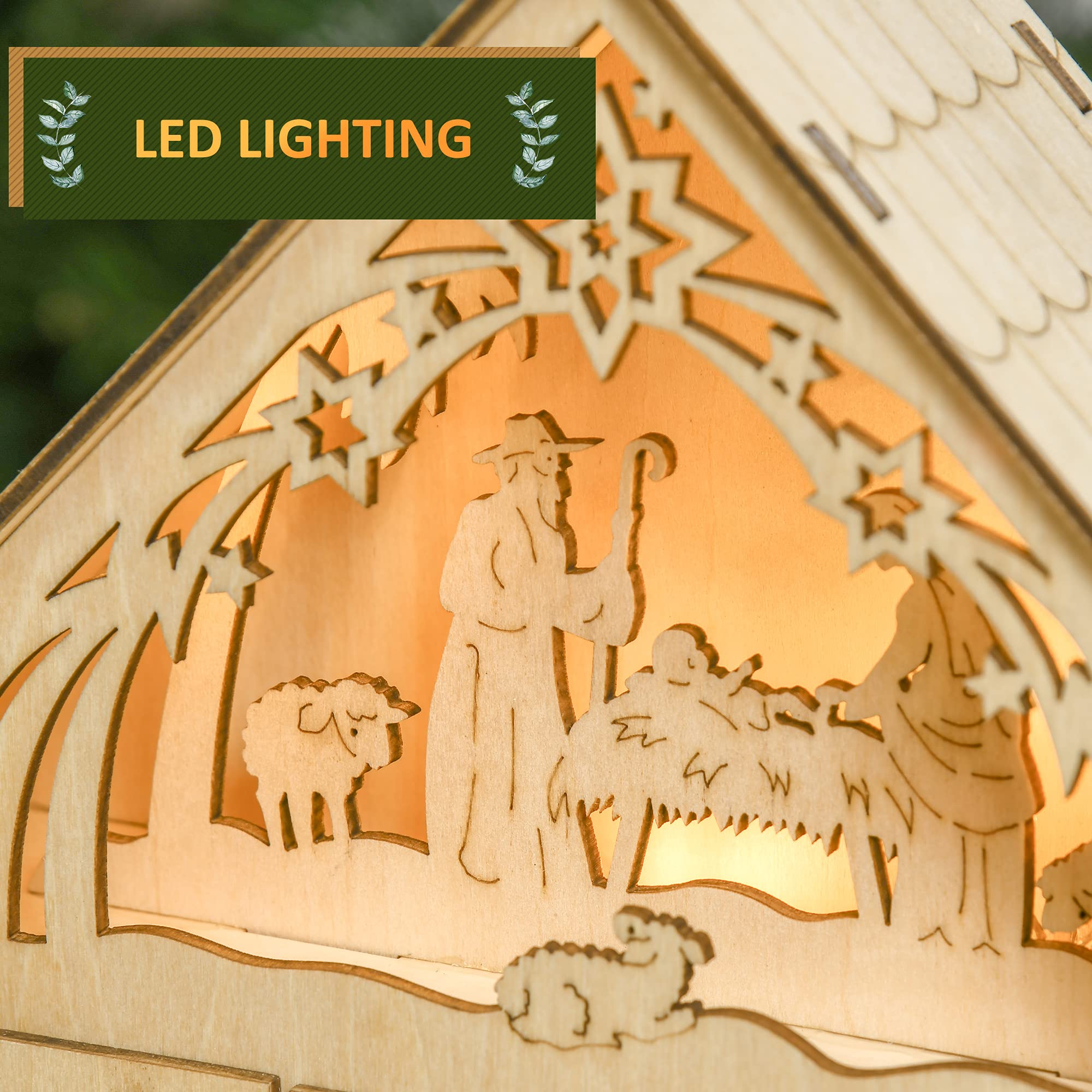 HOMCOM Christmas Advent Calendar, Light Up Manger Scene Tabletop Xmas Wooden House Holiday Decoration with Countdown Drawer, Bib