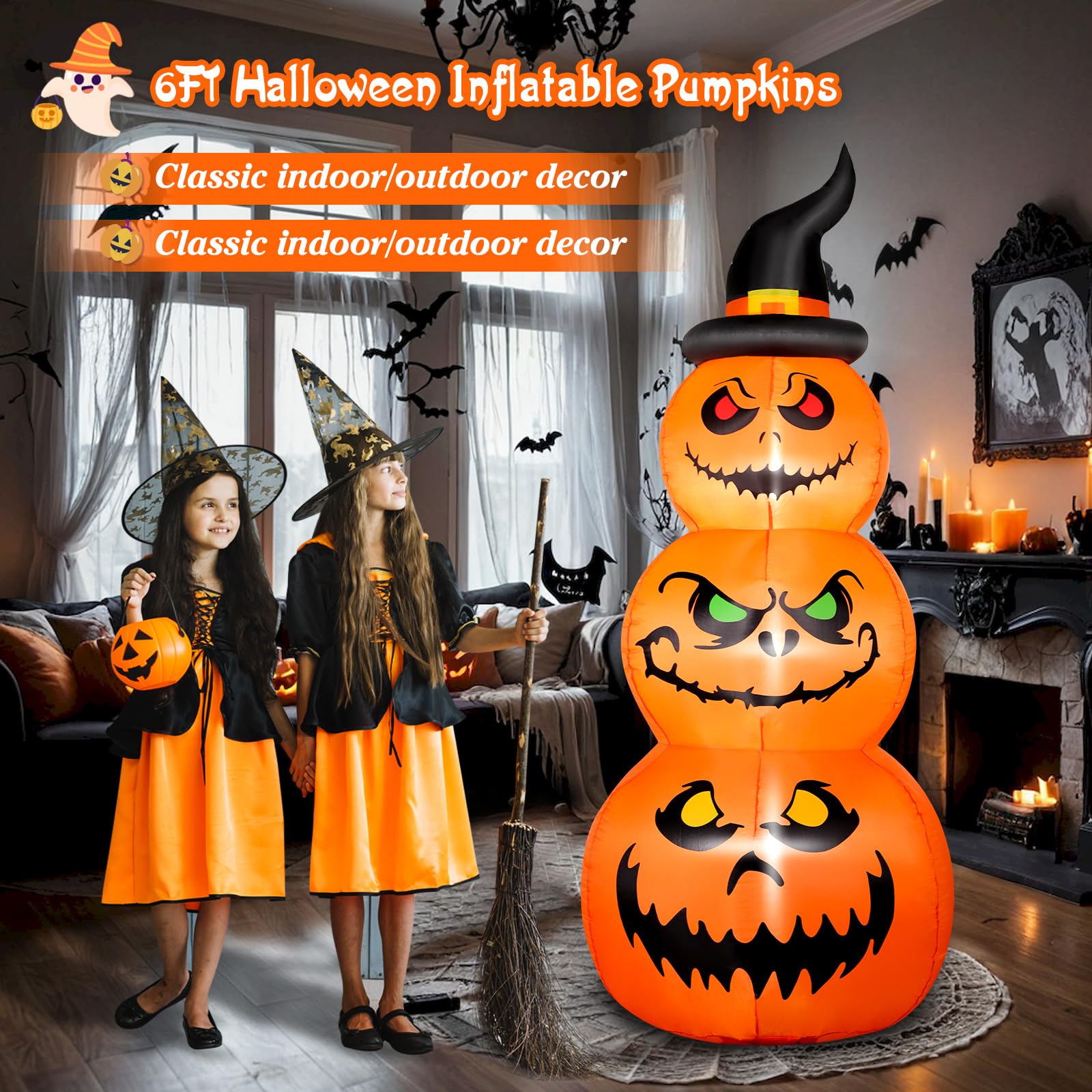 FunFanso 6FT Halloween Inflatable Pumpkins Outdoor Yard Decorations, Blow up Pumpkins with Witchs Hat and Bright LED Lights, Spo