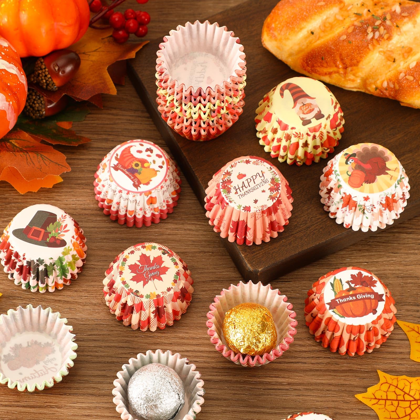 Augsun 800Pcs Mini Fall Cupcake Liners Thanksgiving Pumpkin Maple Leaves Cupcake Papers Baking Cups Cupcake Wrappers For Fall Th