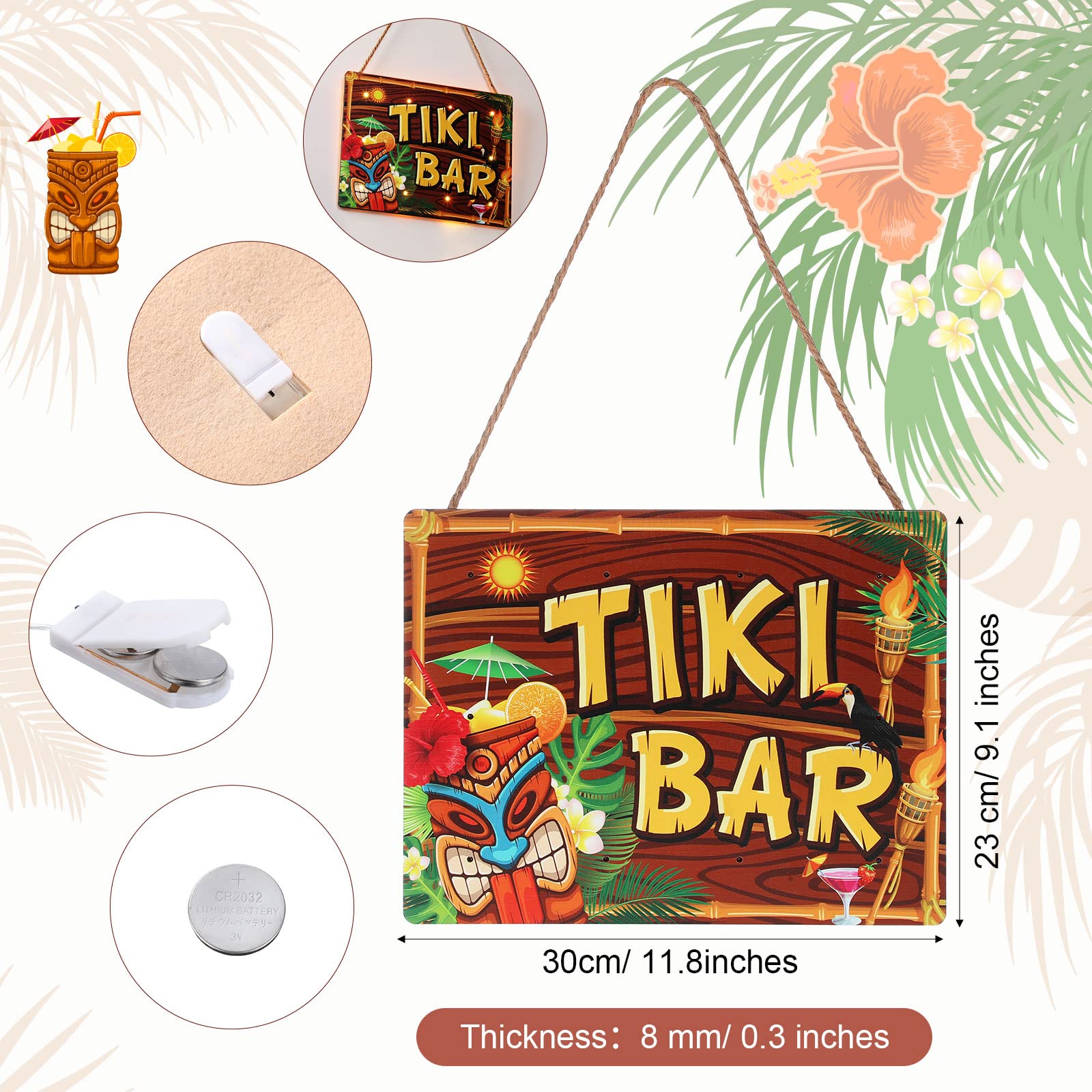 Blulu Tiki Bar Sign Hawaiian Luau Party Decoration Supplies Wooden LED Light Tiki Plaque for Aloha Hawaii Luau Tropical Birthday
